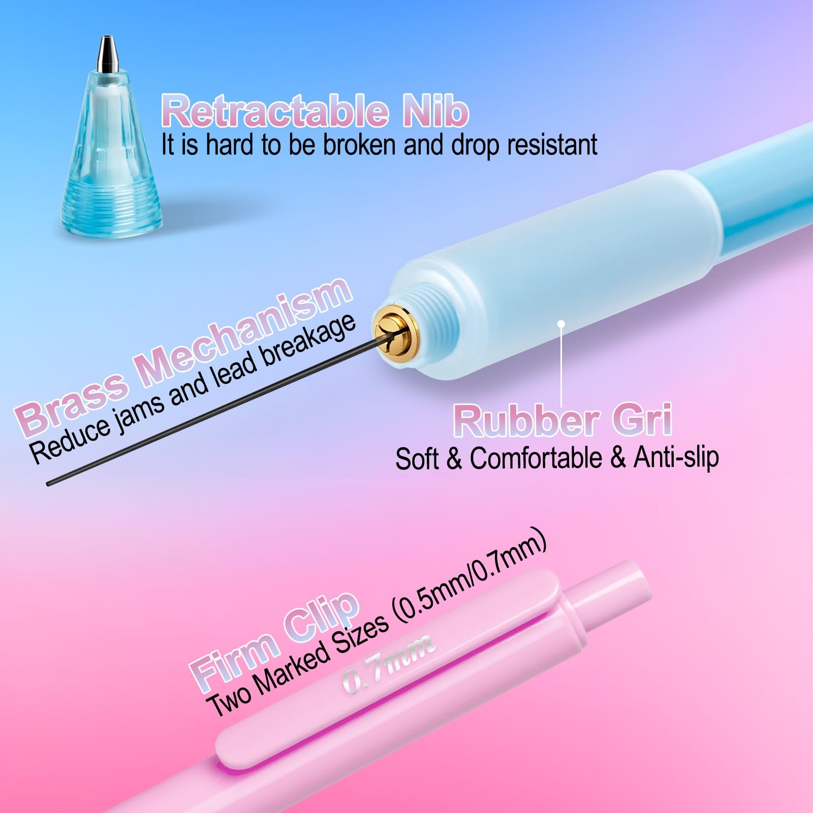 6 Pcs Pastel Mechanical Pencils Set 0.7 0.5mm Drawdart