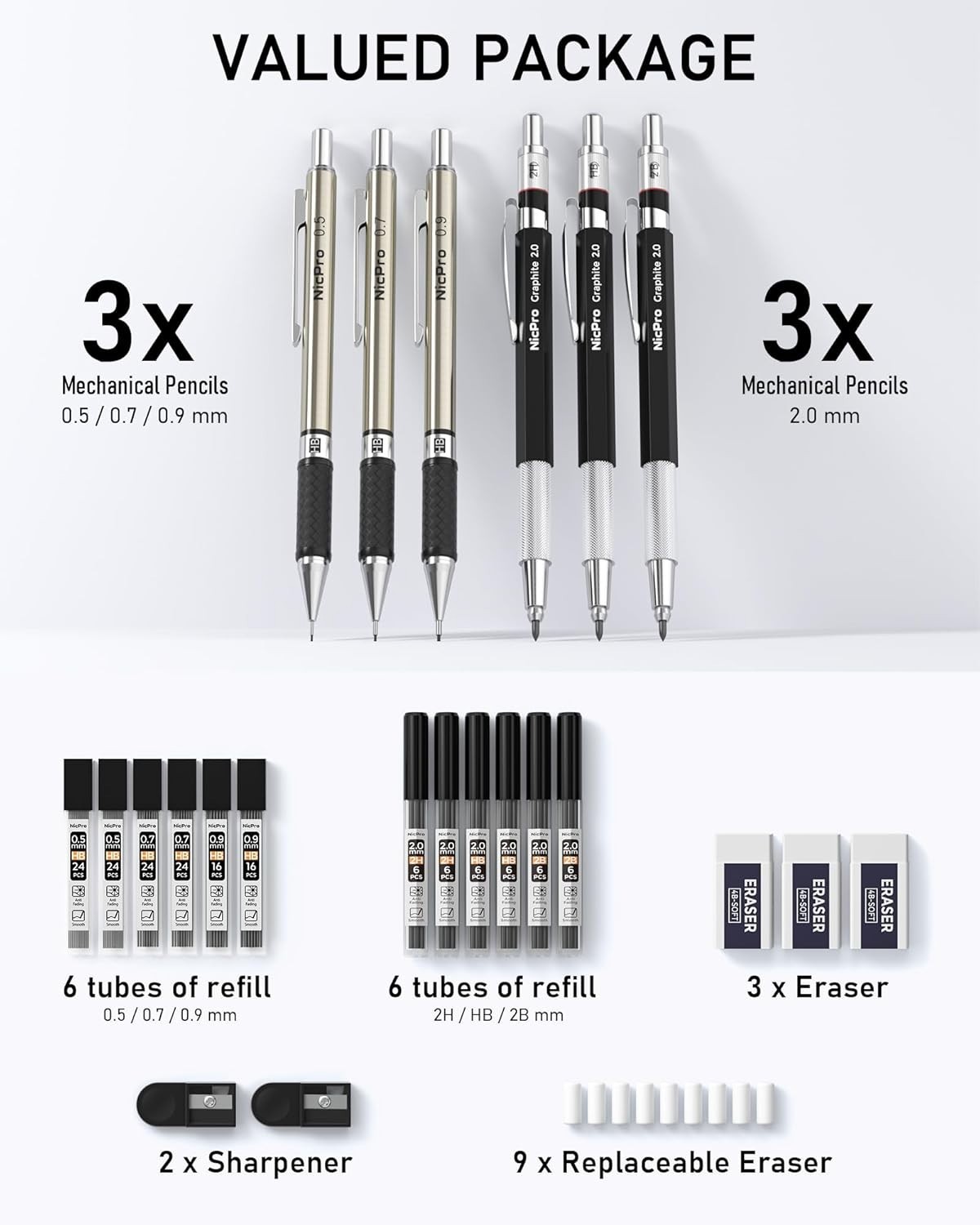 Luxurious Metal Mechanical Pencil Set with Lead Refills & Erasers Included
