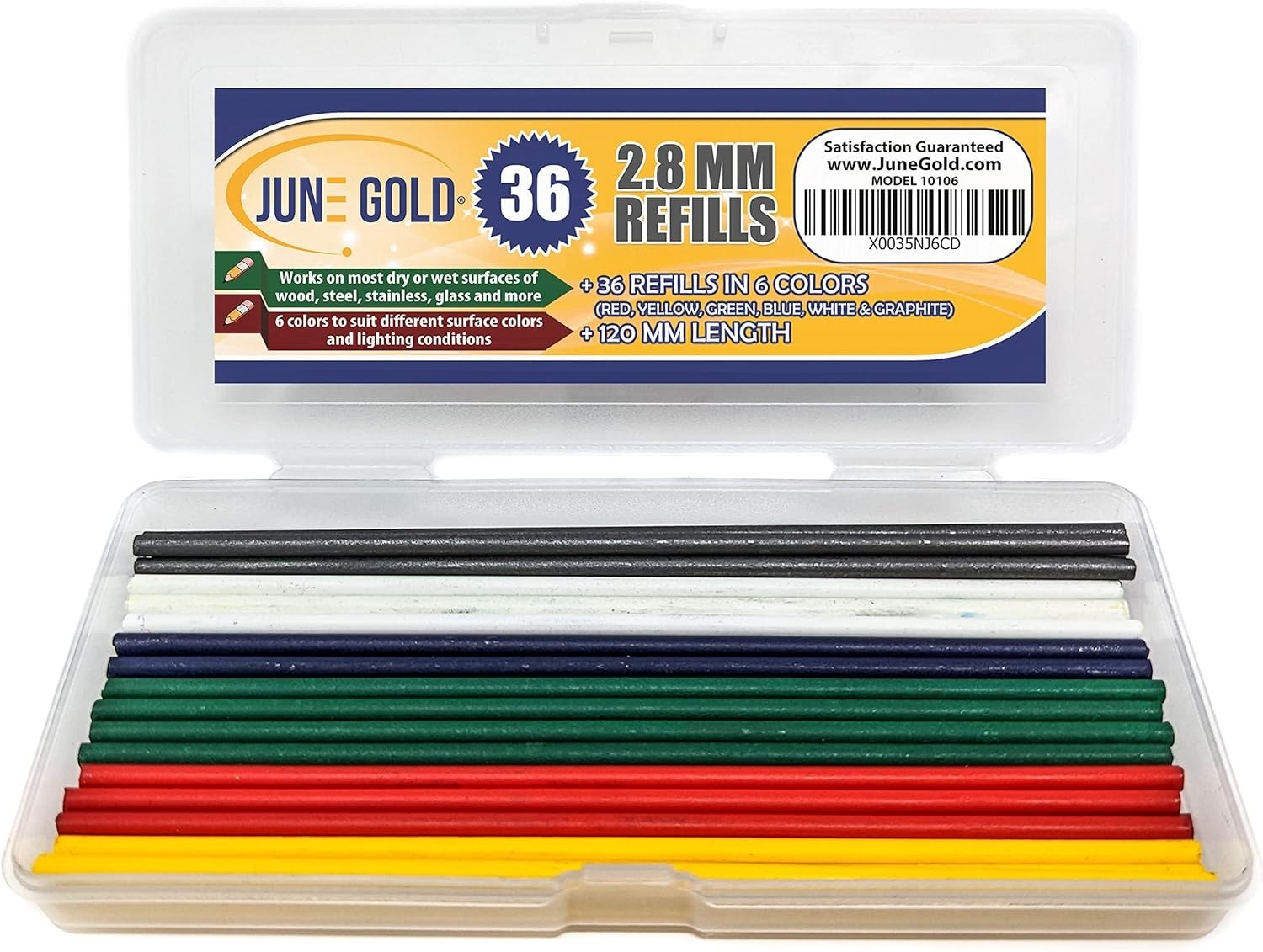 36 Colored 2.8 Mm Lead Refills, 6 Colors, Deep Or Long Reach Nose &