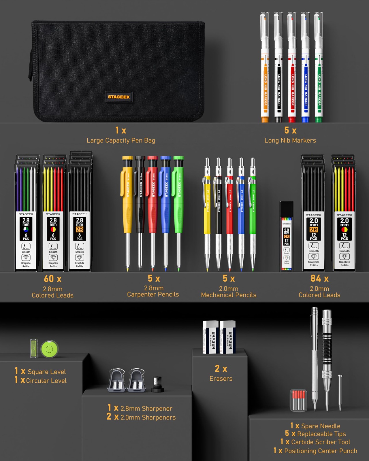 Mechanical Carpenter Pencils Set with Sharpener Scribe Tool Case 49 PCS Kit