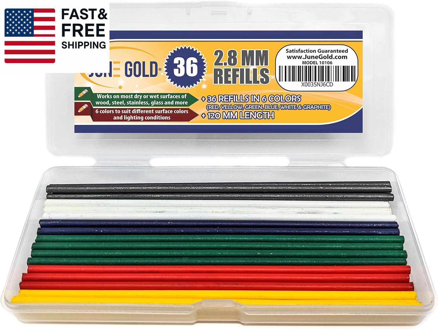 36 Colored 2.8 Mm Lead Refills, 6 Colors, Deep or Long Reach/Nose | Nib Pencil R