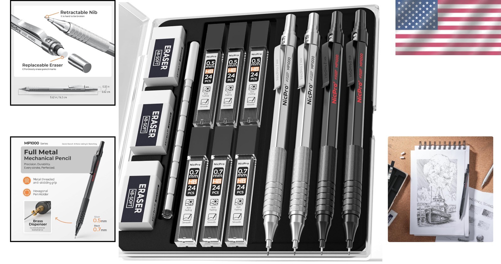 4-Piece Metal Mechanical Pencil Set 0.5mm & 0.7mm with Refills – Black & Silver