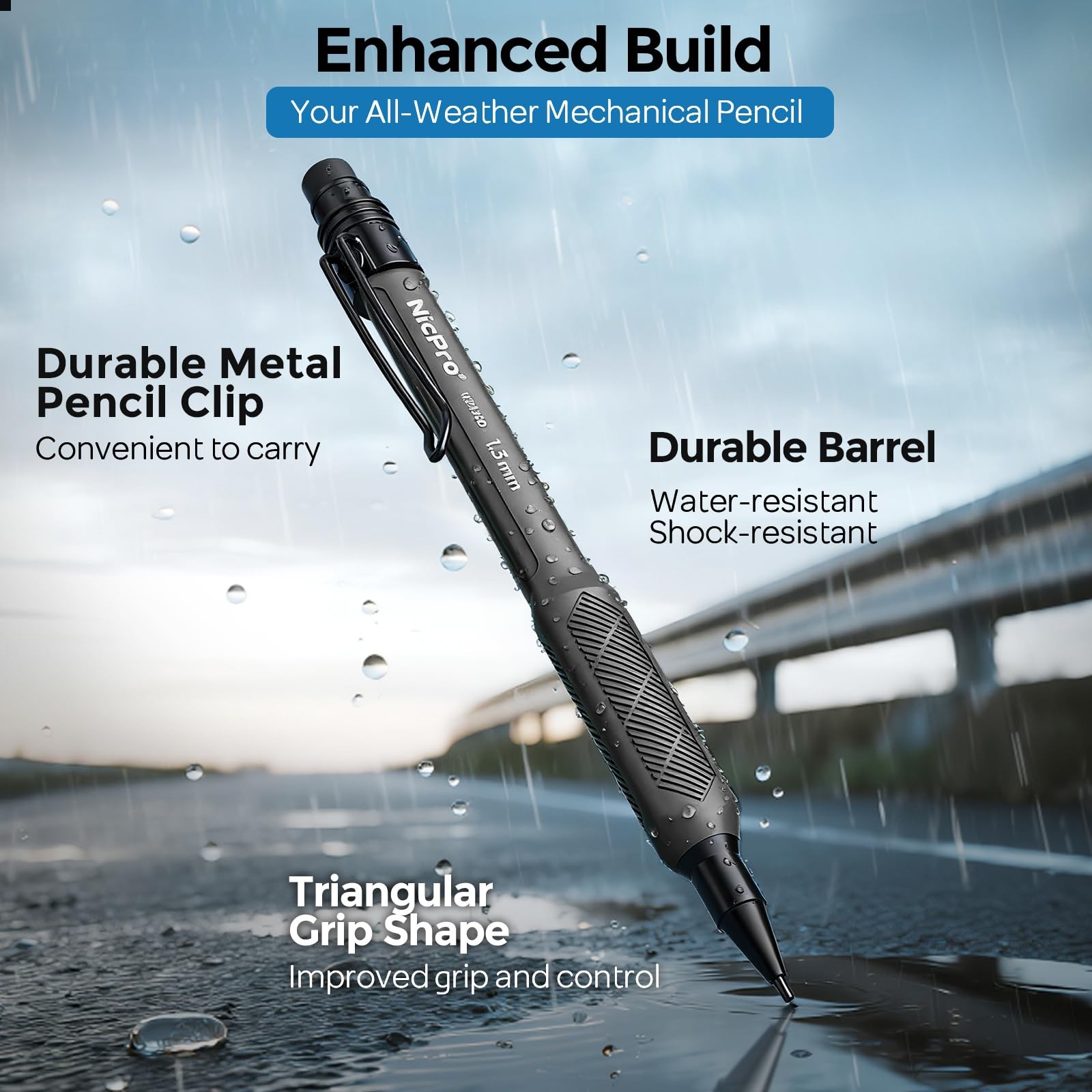 Nicpro 3 Pack Weatherproof Mechanical Pencil Set, 1.3mm 3 Pack, Black
