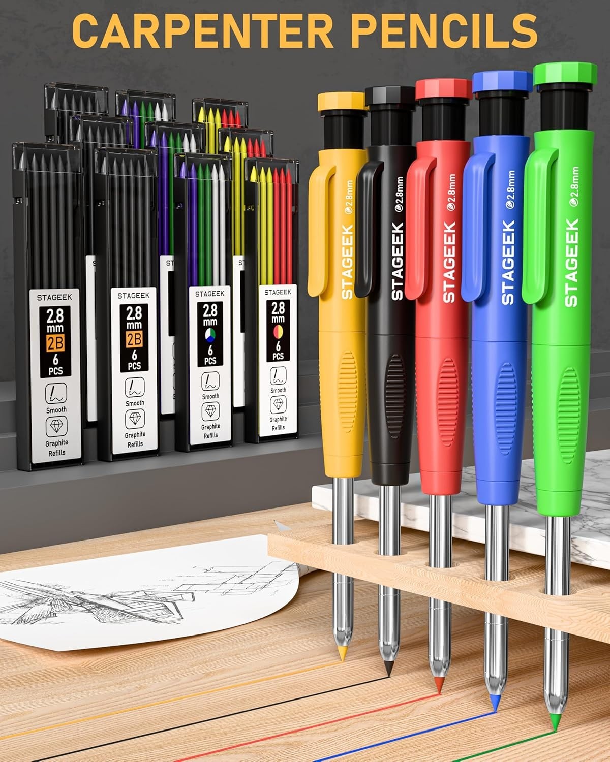 49 Pack Carpenter Pencil Set with Sharpener, Carpenter Pencils with Deep Hole Lo
