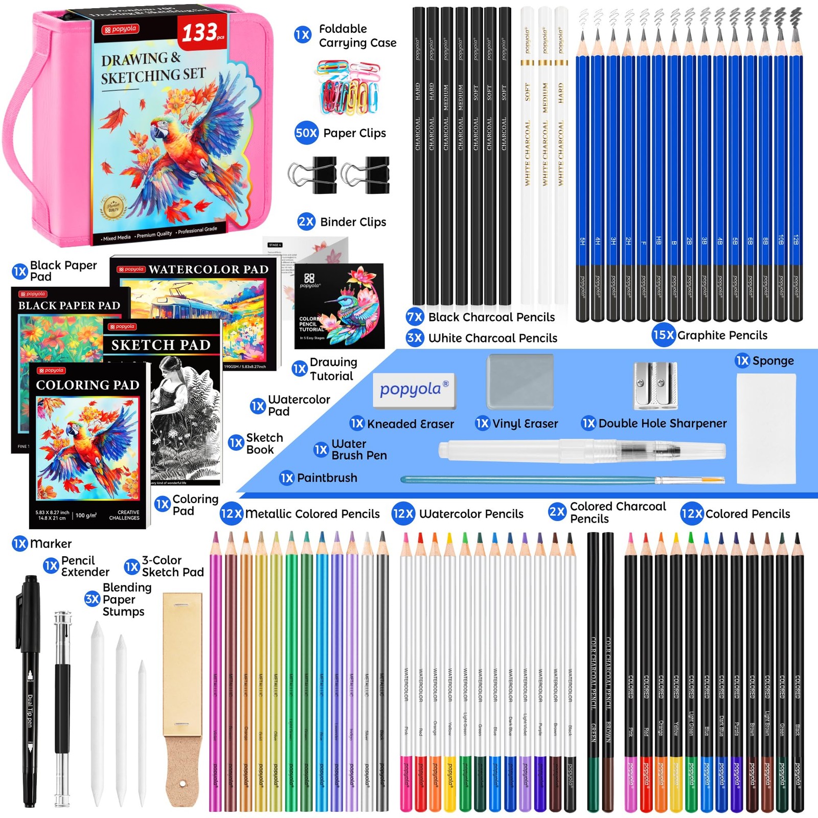 133 Pack Art Supplies Sketching Kit with Sketch Book, Coloring 133 Pack, Pink