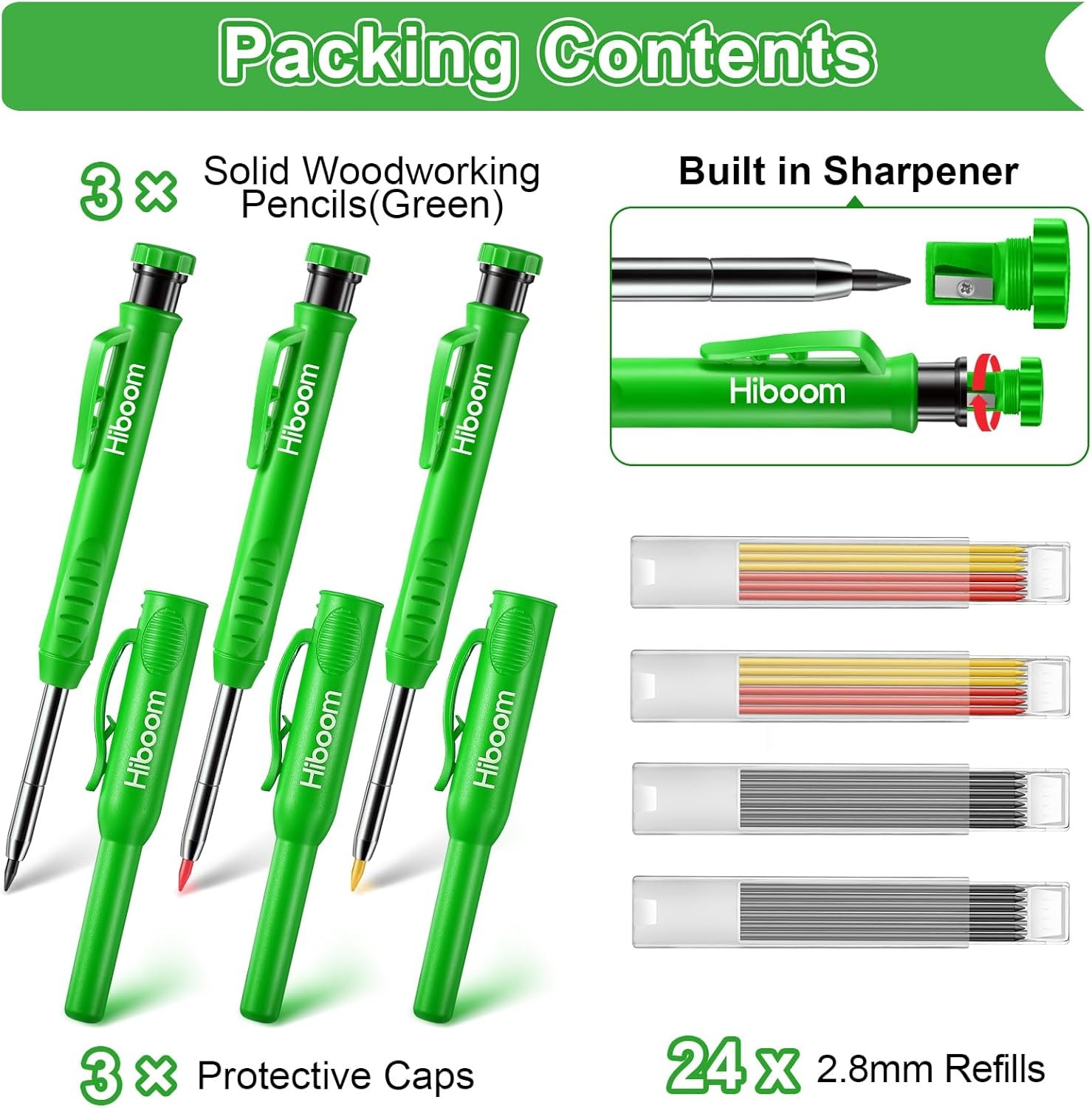 Hiboom 3 Pack Carpenter Pencil with 24 Refills (Red, Black, Yellow), Green