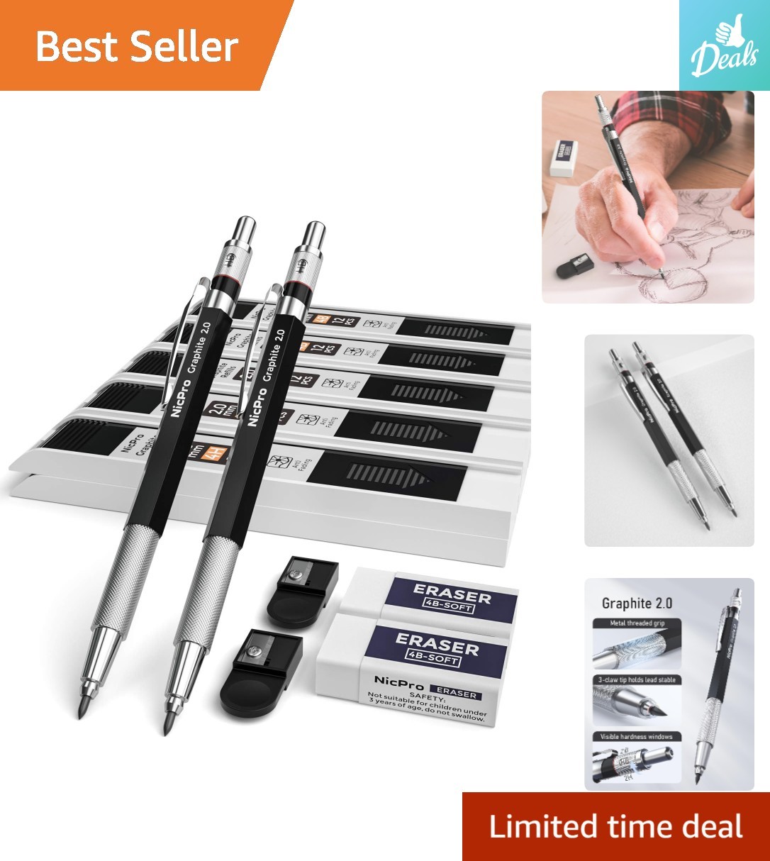 Versatile 2mm Metal Mechanical Pencils Set with Erasers for Drafting & Sketching