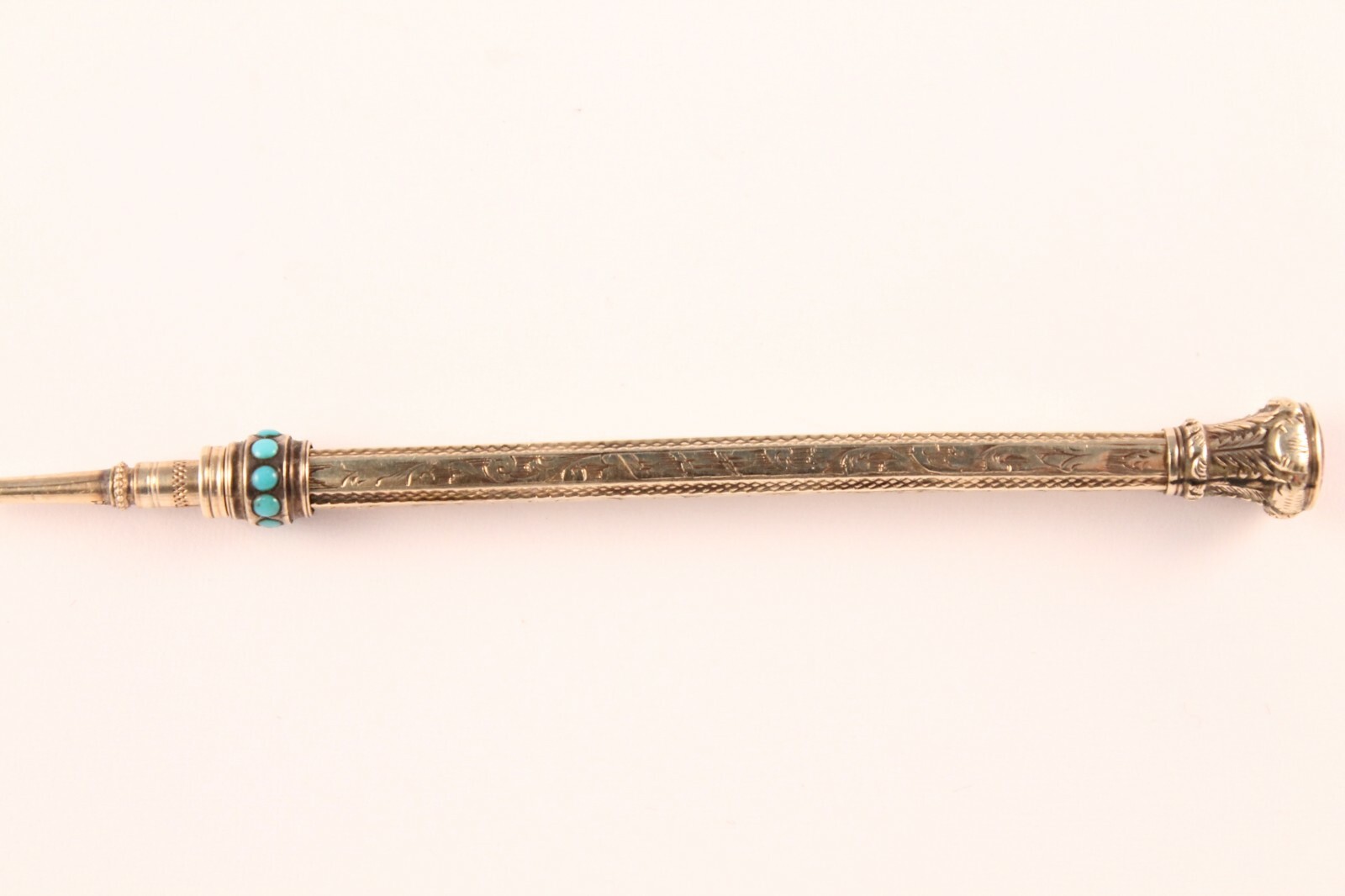 Victorian 9K Gold Ornate Retractable Pencil with Amethyst and Turquoise Stone