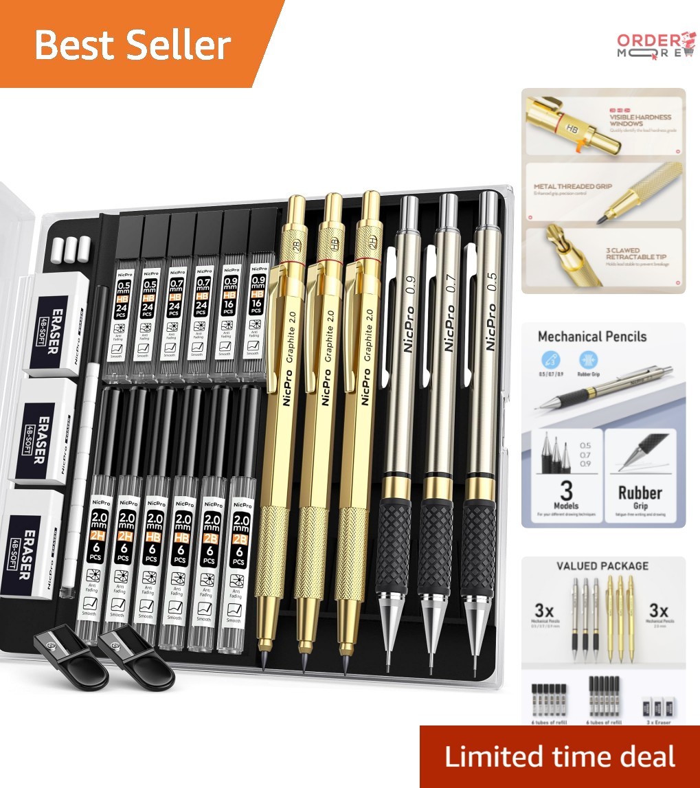 Gold Metal Mechanical Pencil Set 0.5mm to 2mm Lead Refills Drawing Sketching
