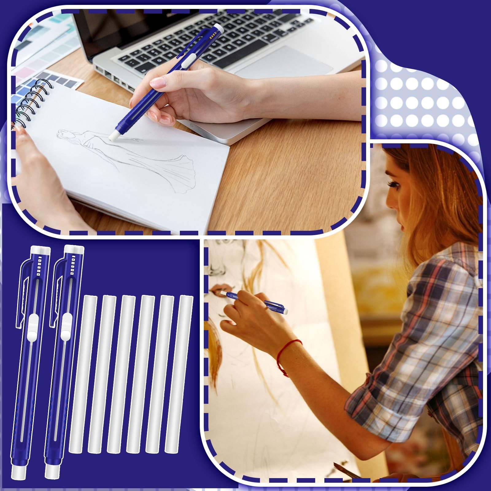 12 PCS Solid Blue Retractable Mechanical Eraser Pen Stick Refill Writing Tools