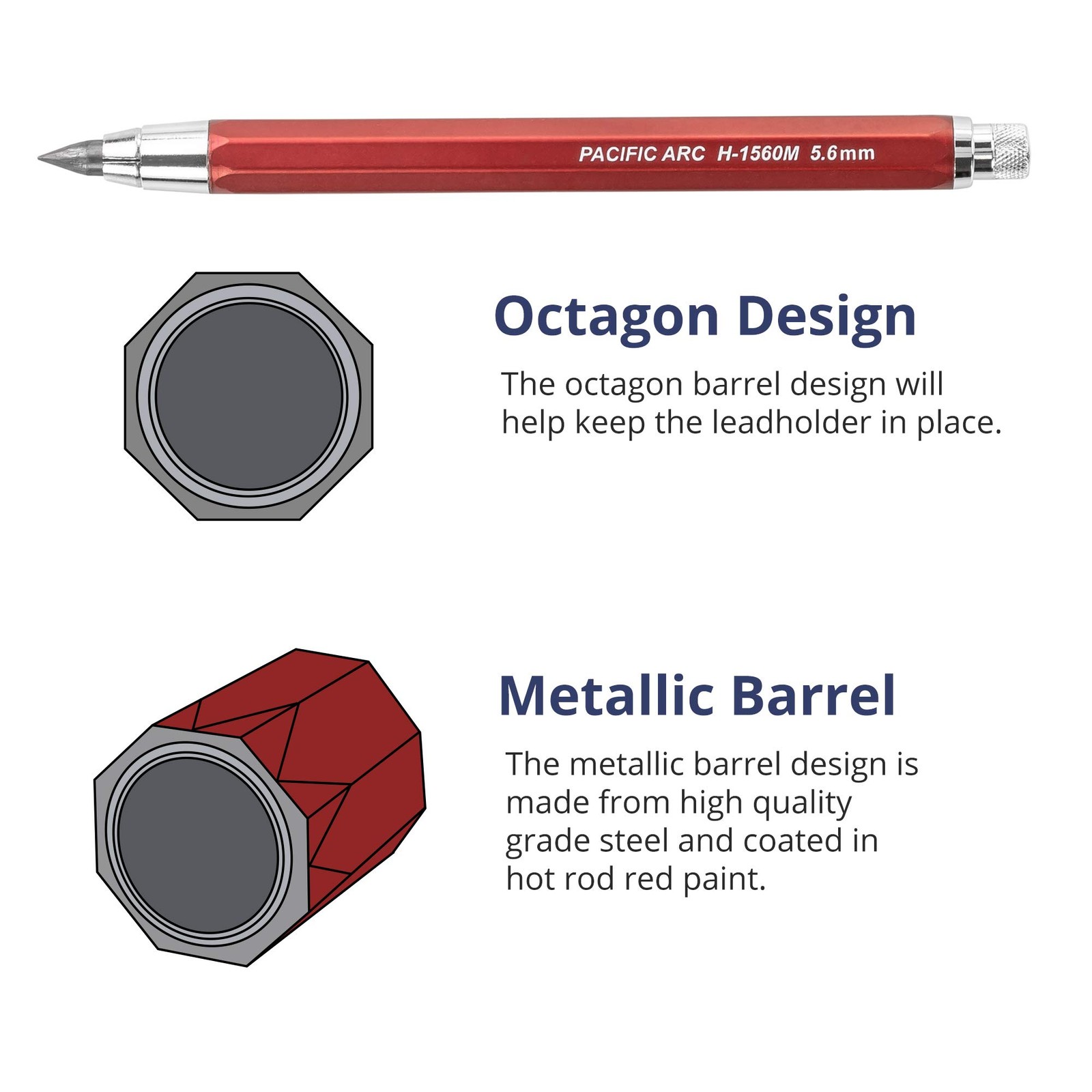 Technical Clutch Lead Holder 5.6mm Stainless Steel Red Premium Sketching Tool