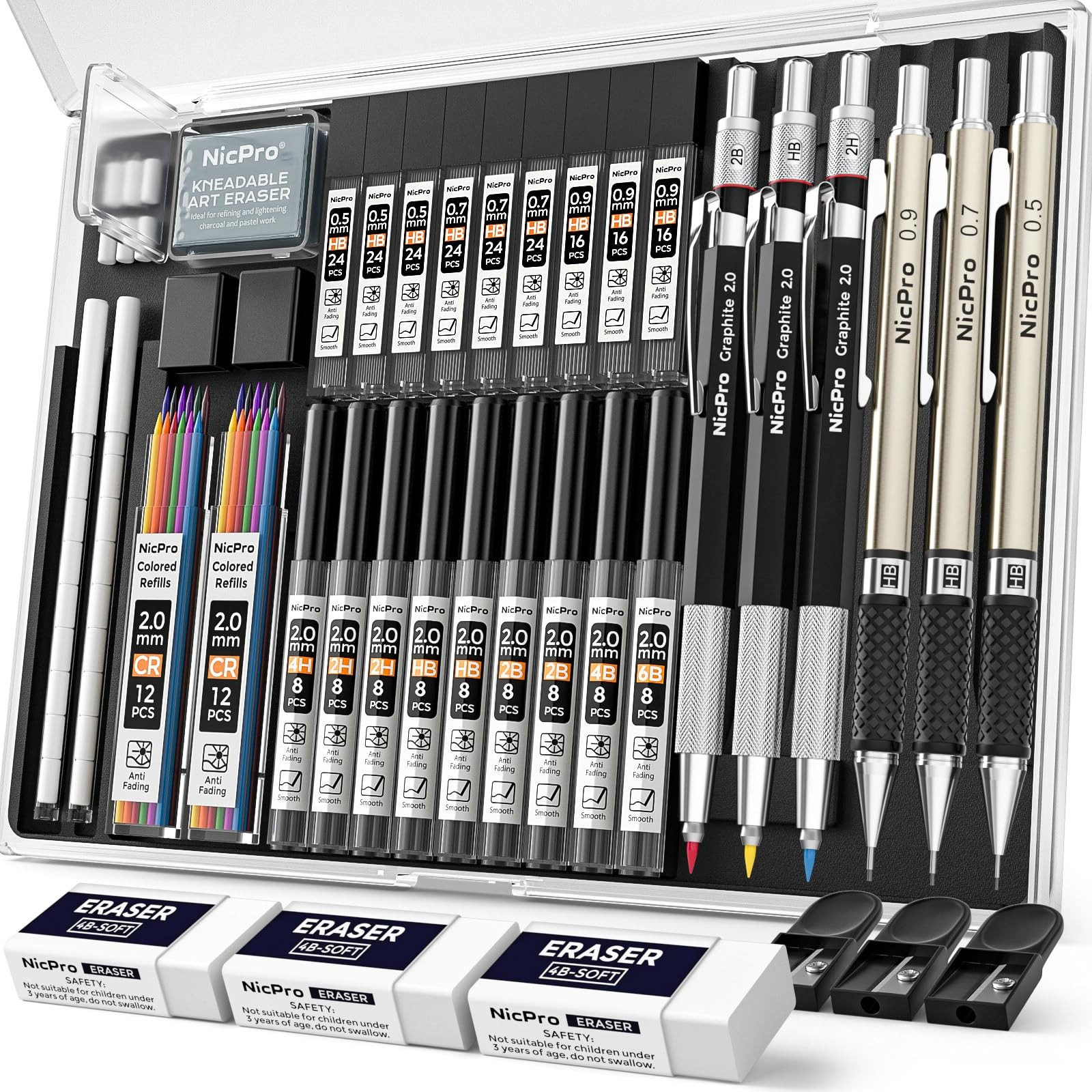 Nicpro 35PCS Art Mechanical Pencil Set, 3 PCS Metal Drafting 0.5 Black