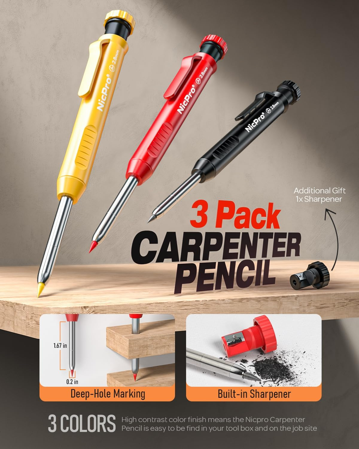 Nicpro 16 Pack Mechanical Carpenter Pencil Set with 42 Refill & Carbide Scribe T