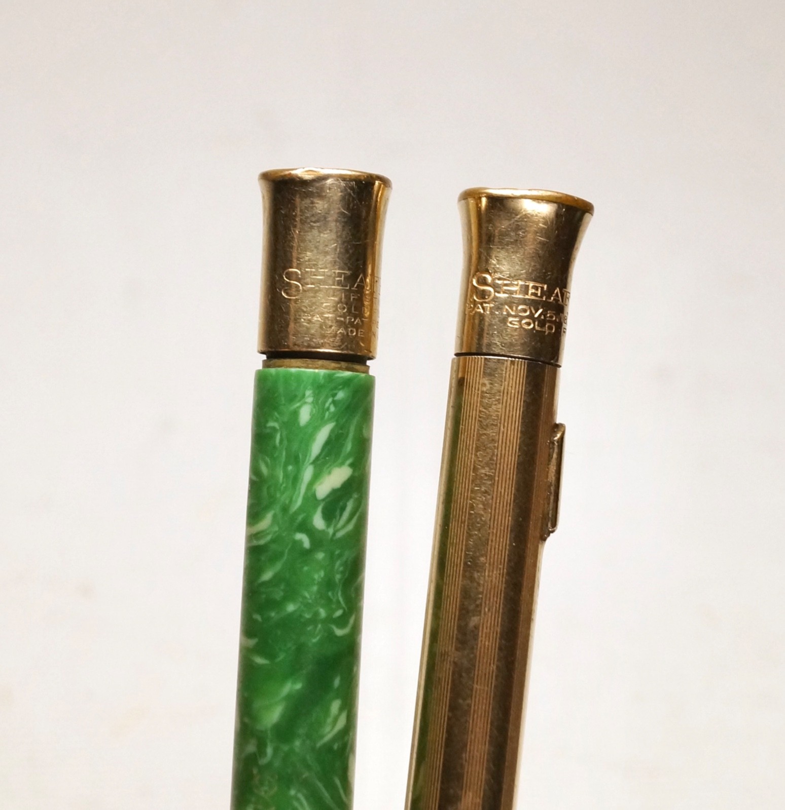 Sheaffer 1920s Crown Top Pencils, Lot of 2, Jade Green, Gold Filled For Parts