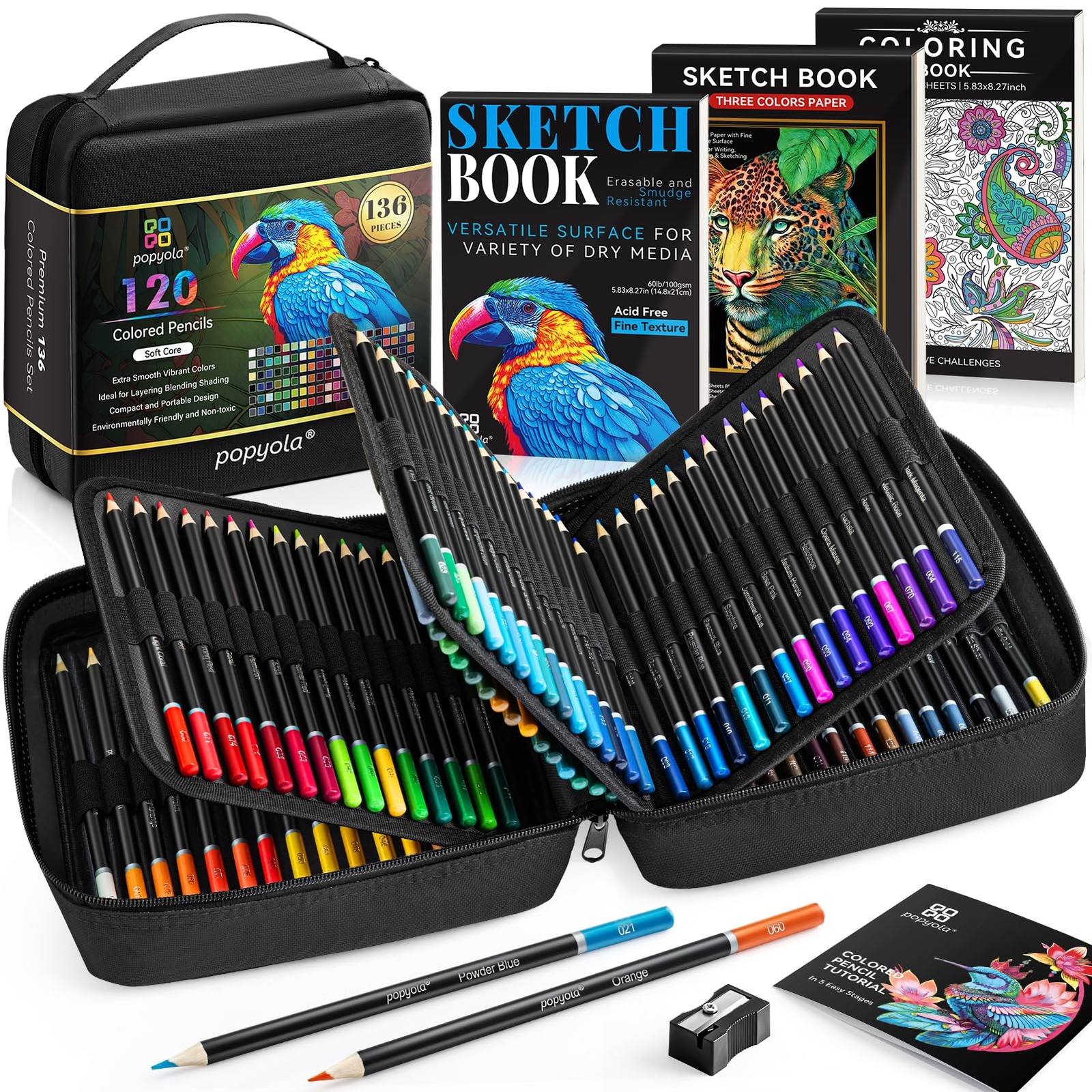 136 PCS Colored Pencils Set for Adult Coloring Books, 120 Black