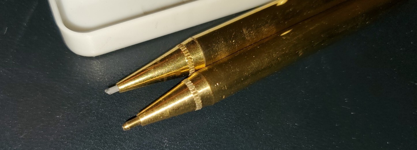 Vintage Goldtone Gold Pen Pencil Set with Blue Rhinestone Case Small 3″ MCM