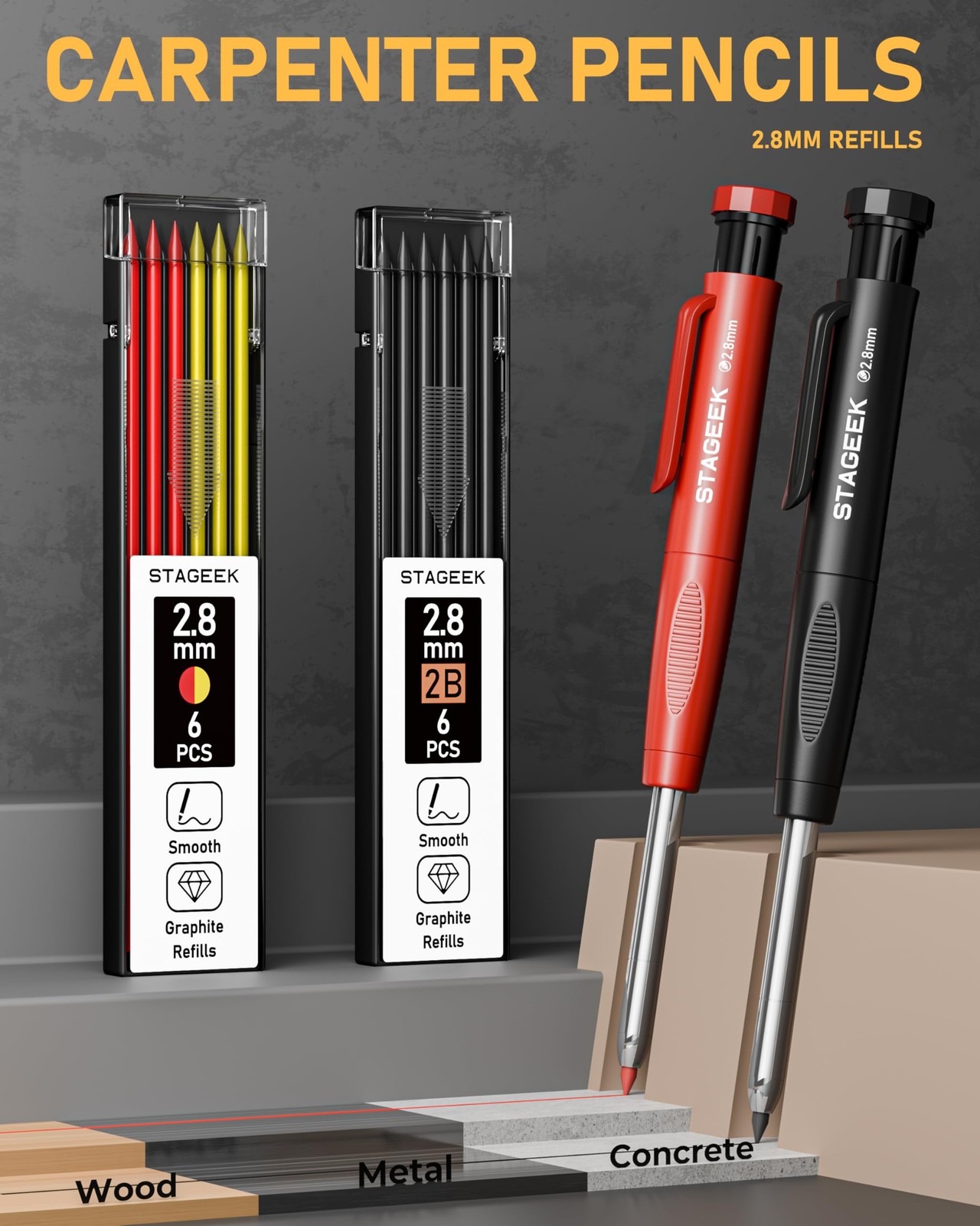 17 Pack Mechanical Carpenter Pencil Set with Sharpener 40 Red+Black(17pcs)