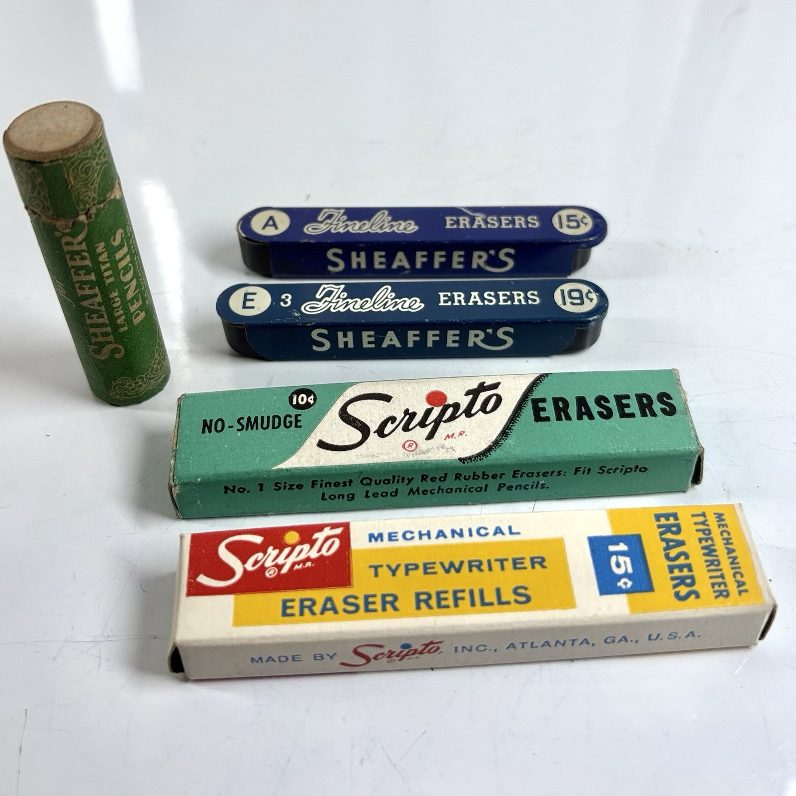 Vtg Scheaffer & Scripto Erasers Lot Mixed Variety Advertising Tins Wood Tube 5 p