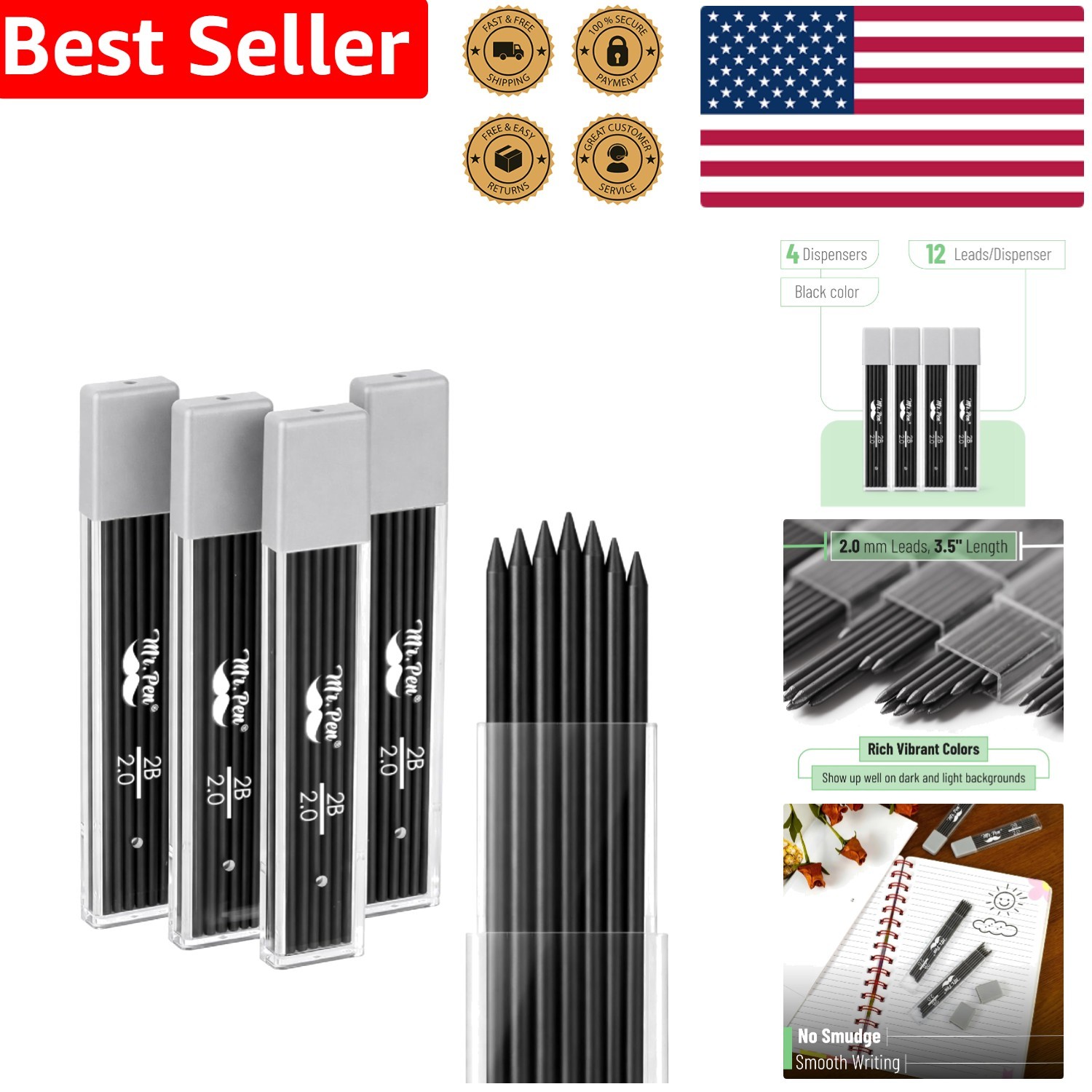 2.0 mm Mechanical Pencil Lead Refills, 48 Pack – Bold 2B for Precision Writing