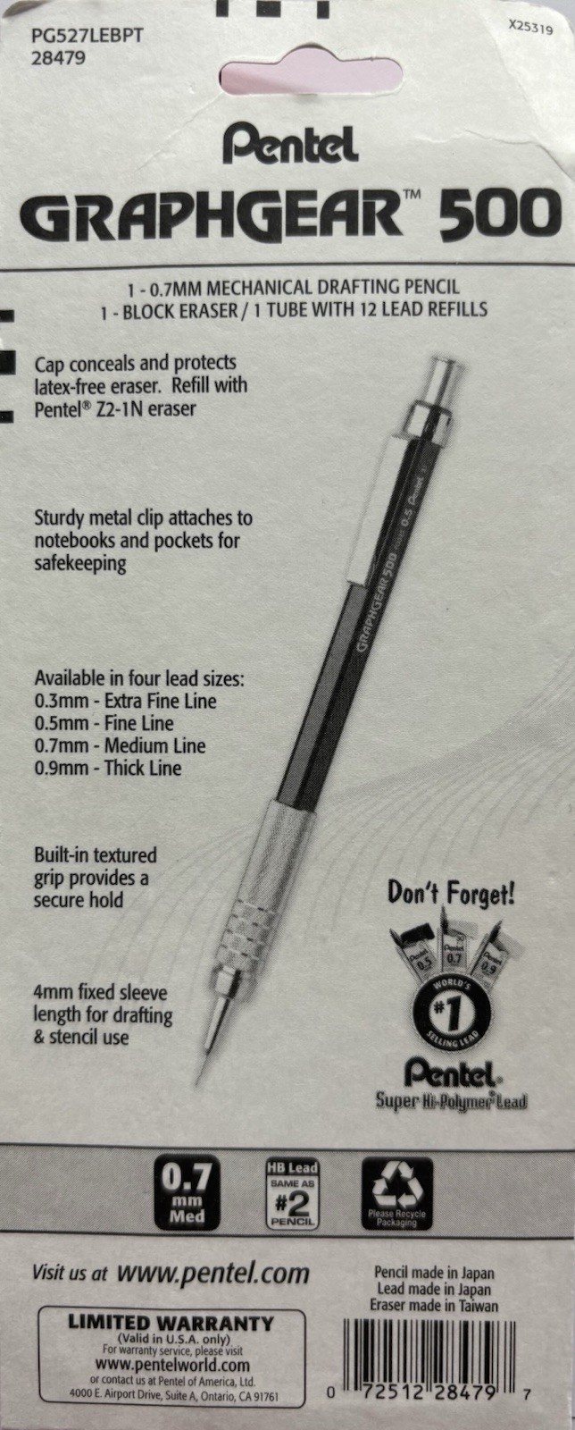 New Sealed Pentel GraphGear 500 Premium Mechanical Pencil, Lead, Eraser 0.7mm