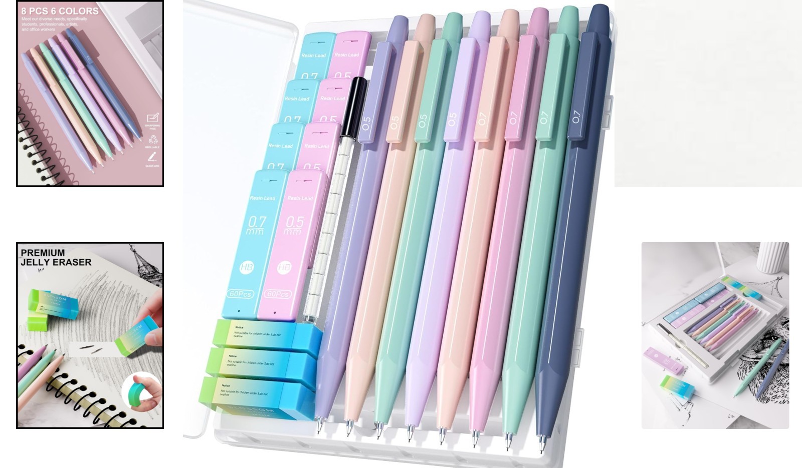 Delightful 8-Piece Mechanical Pencil Set with Non-Slip Grip – 480 Leads Included