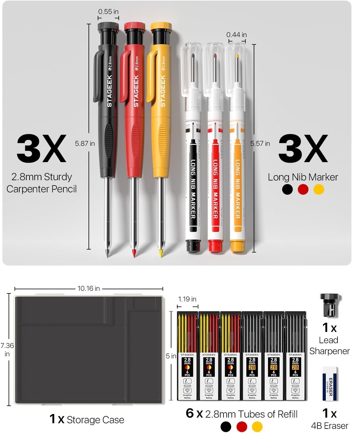 Carpenter Pencil Mechanical Deep Hole Marker Set w/Sharpener 39 Refill 3Pcs Case