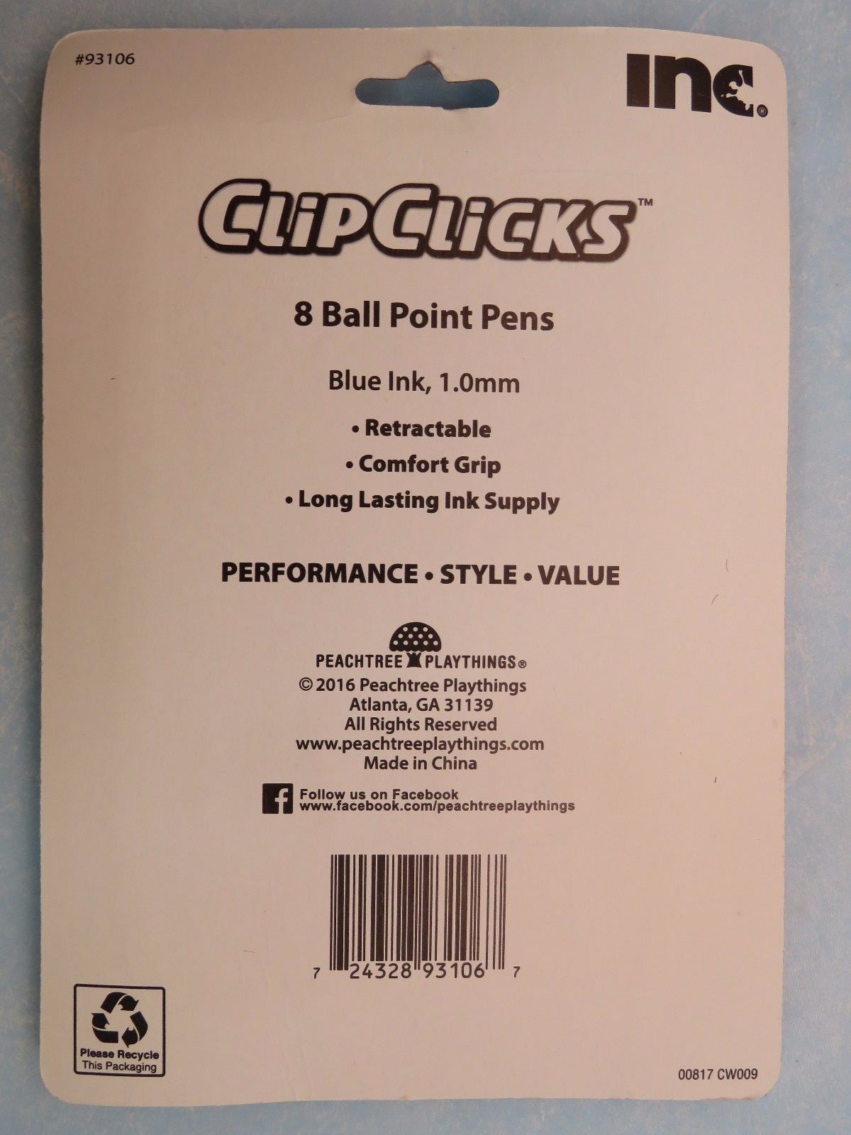 8 INC. ClipClick Ink Ball Point PENS ~ Easy Retract & Comfort Grip; 1.0 Blue Ink