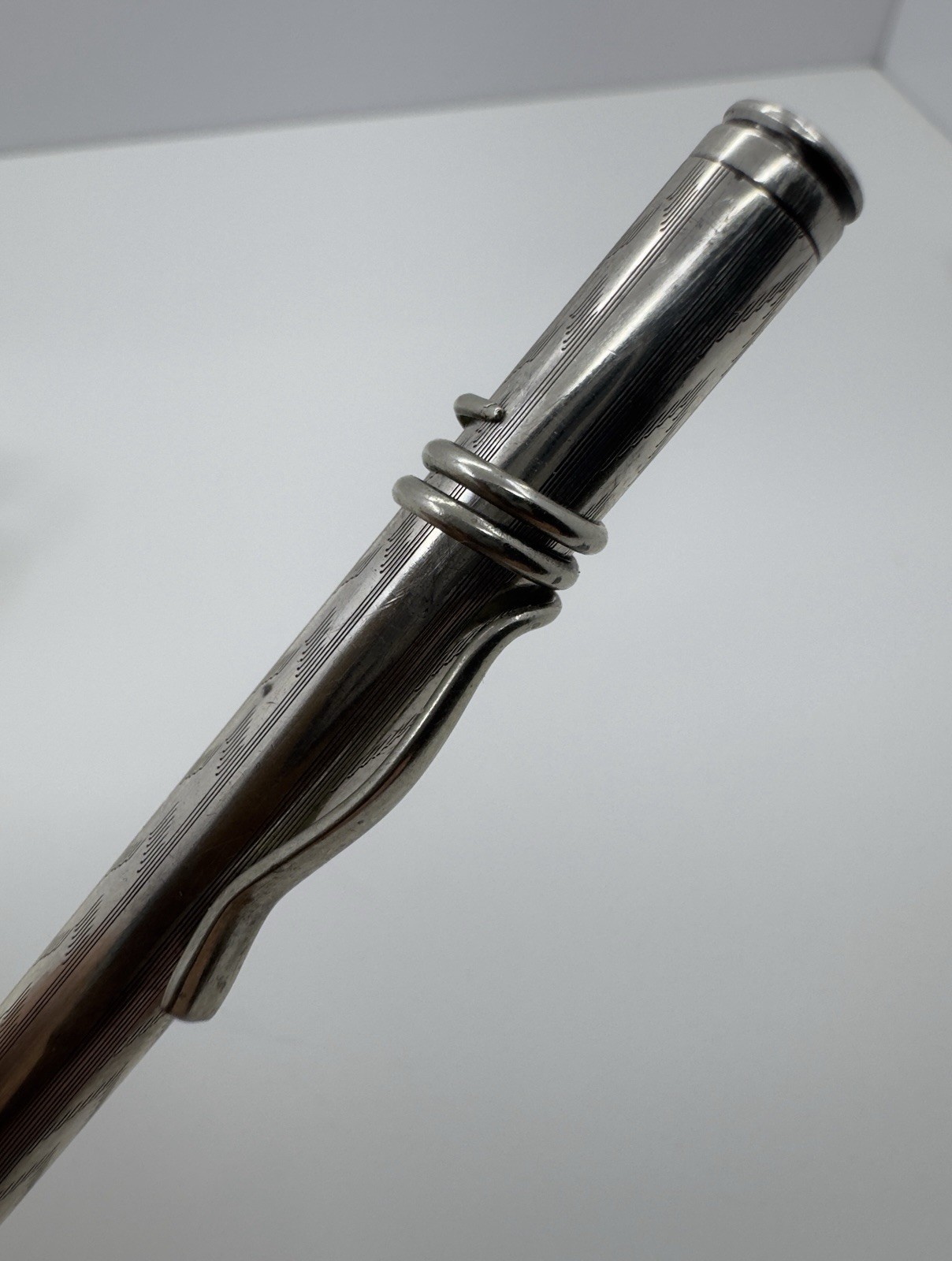 Unmarked Sterling Silver Engine Turned Mechanical Pencil w/ Coil Clip – Working