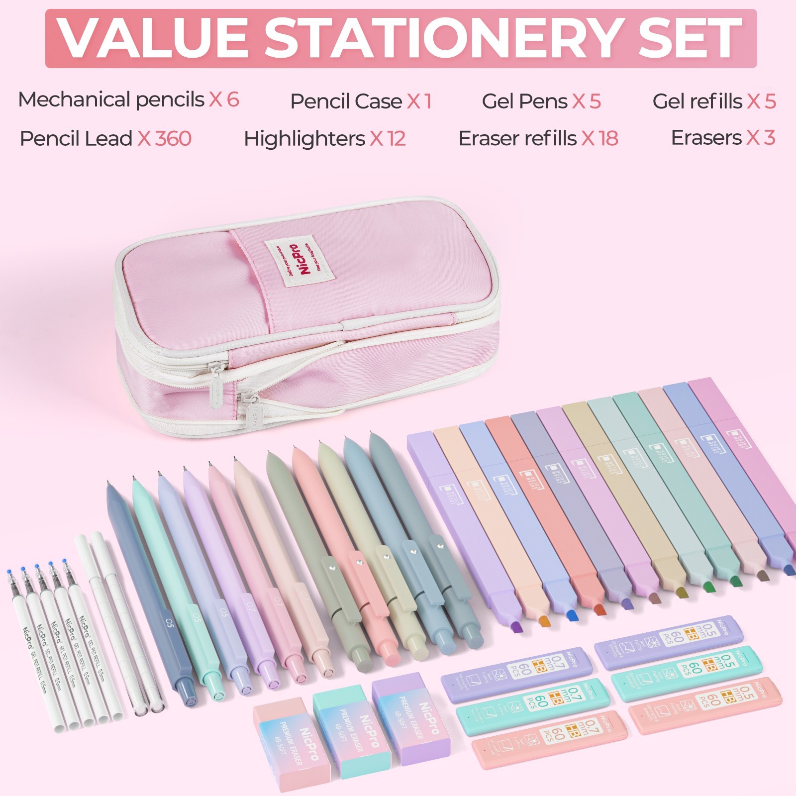 Nicpro 39PCS Pink Pencil Case Set: 12 Highlighters, 5 Black Pens, 6 Pencils