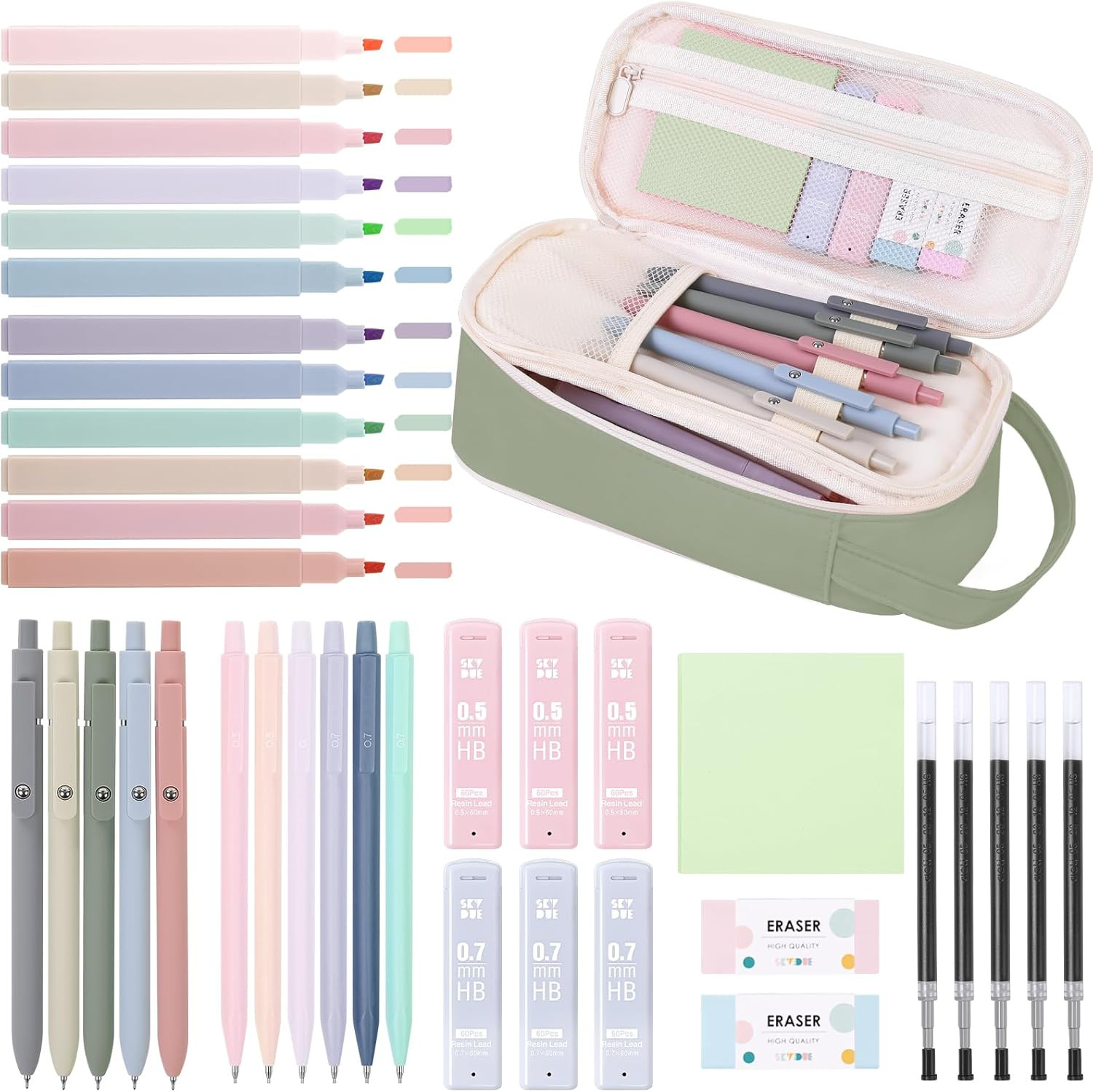 Cute School Supplies 38 PCS, Pencil Case with 12 Pastel Highlighters, 5 Black Ge
