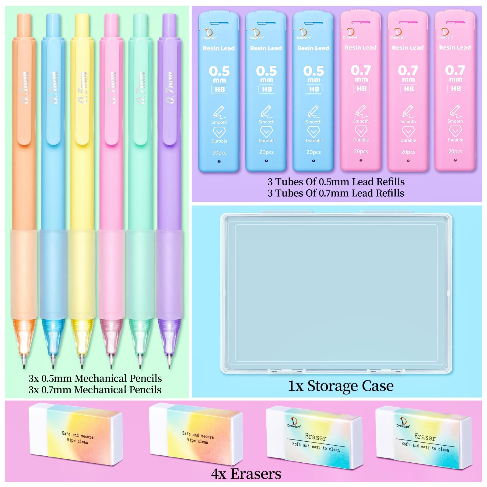6 Pcs Pastel Mechanical Pencils Set 0.7 0.5mm Drawdart