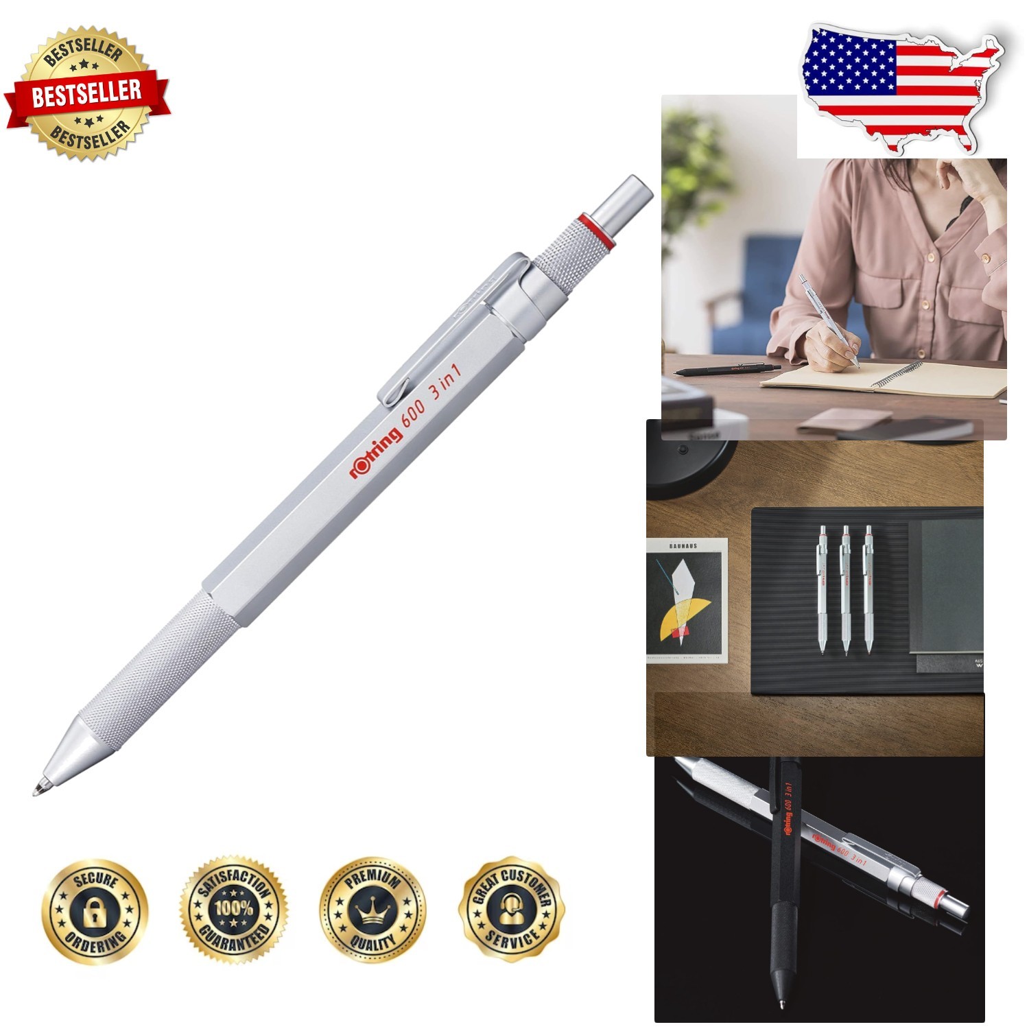 Drafting 3-in-1 Pen Mechanical Pencil Silver Ergonomic Grip 0.5mm