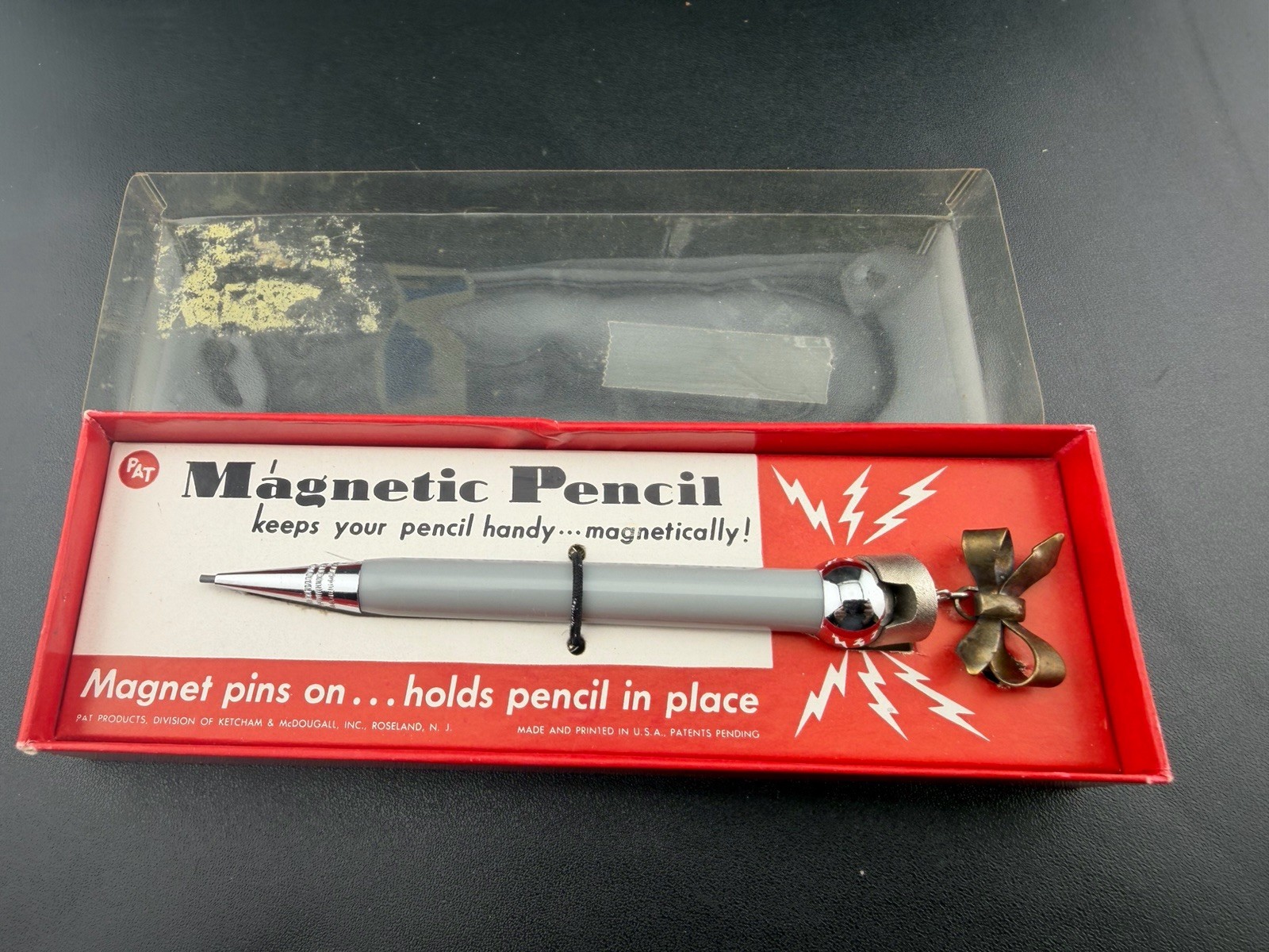 Vintage PAT Magnetic Mechanical Pencil Desk Clip Holder With Box