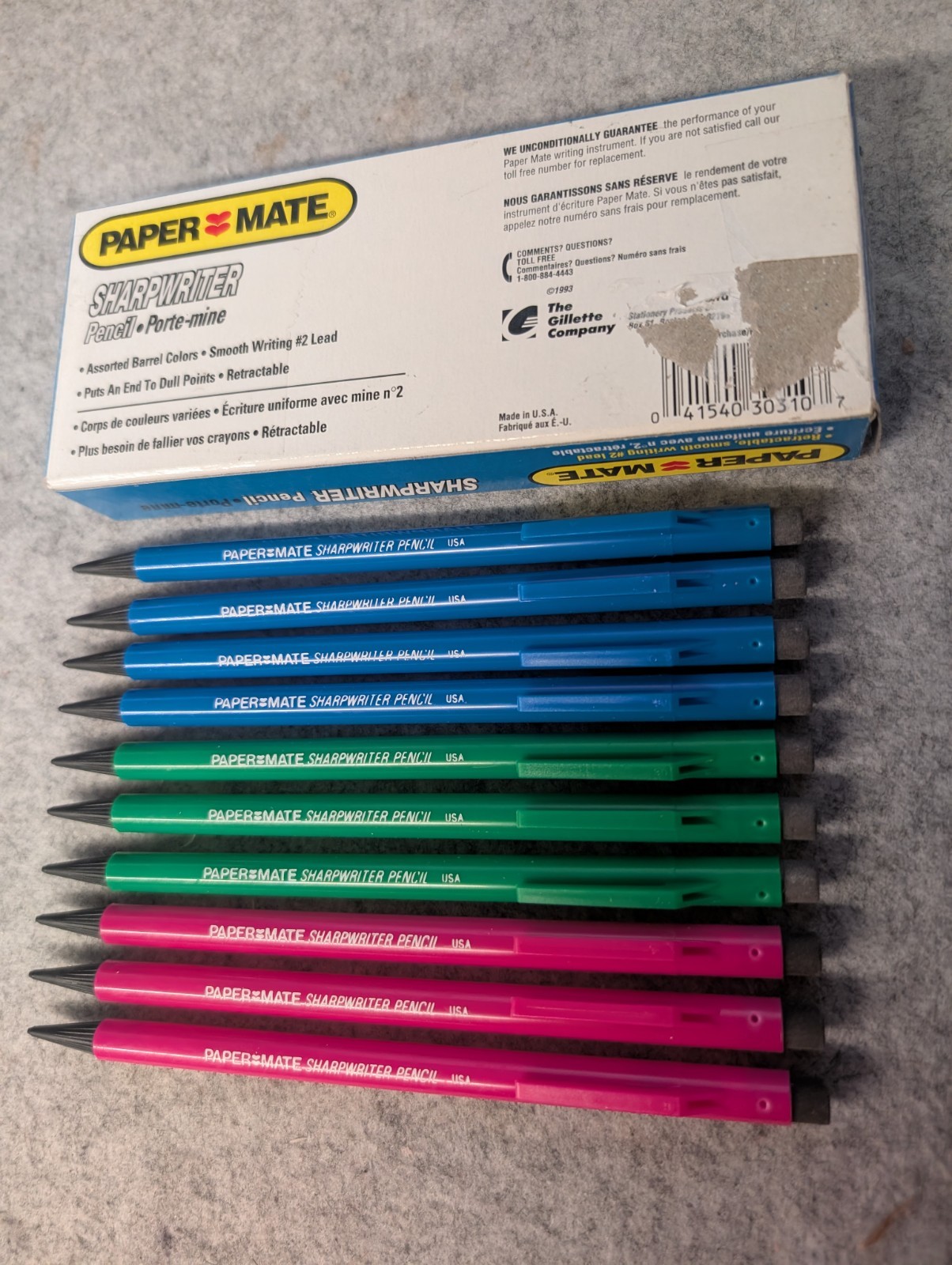 1 Box of 10 Paper Mate Sharpwriter Pencils in Pink, Blue, and Green 1993 Vintage
