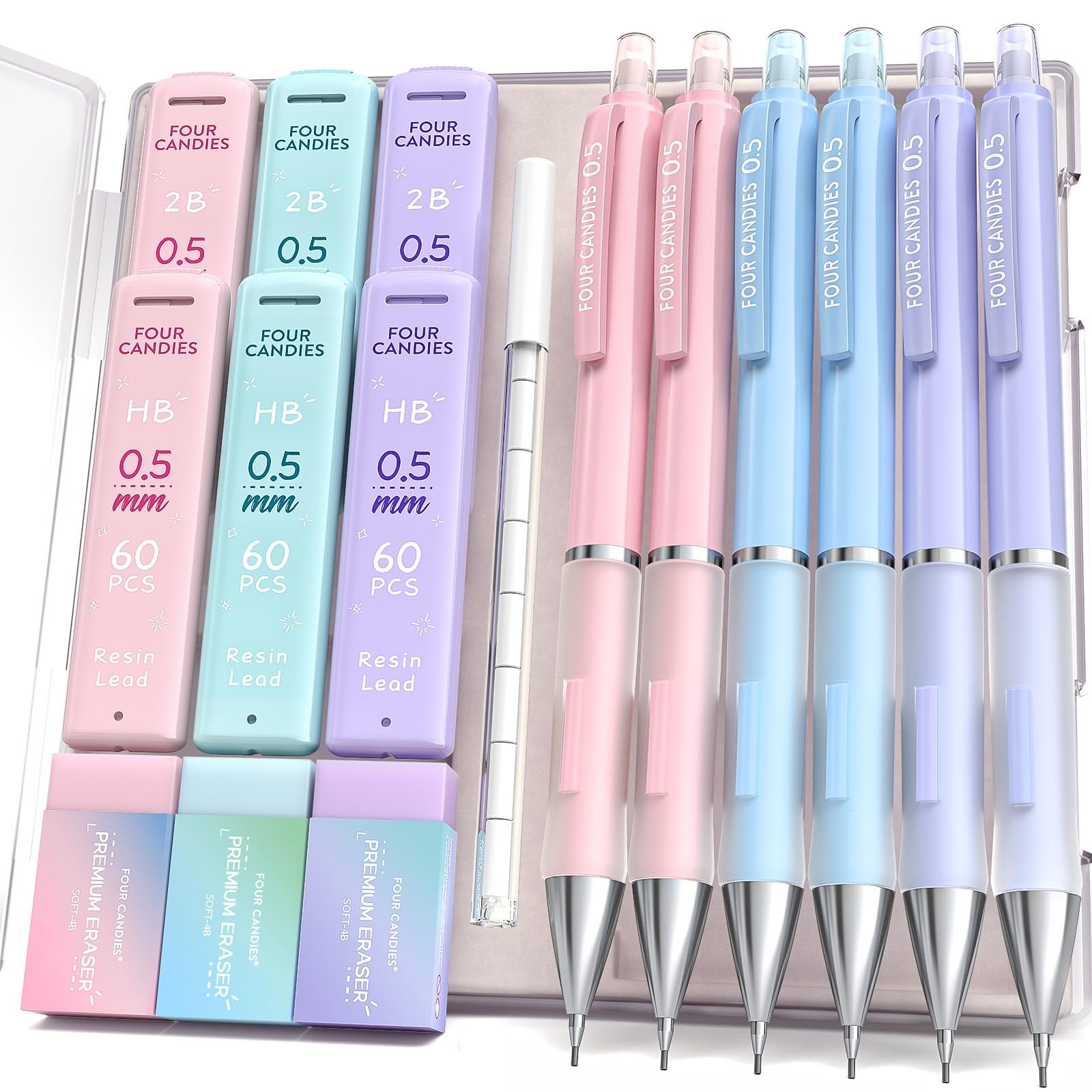 6 PCS 0.5 mm Mechanical Pencil Set with 360 Lead Refills 3 Pastel Erasers