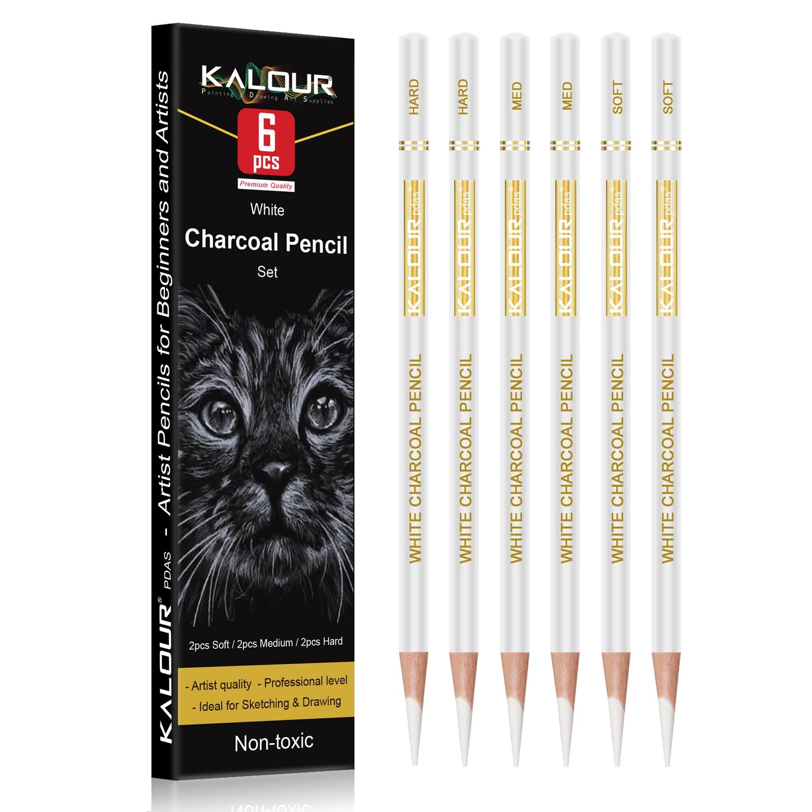 KALOUR White Charcoal Pencils Drawing Set, 1 Count (Pack of 6),