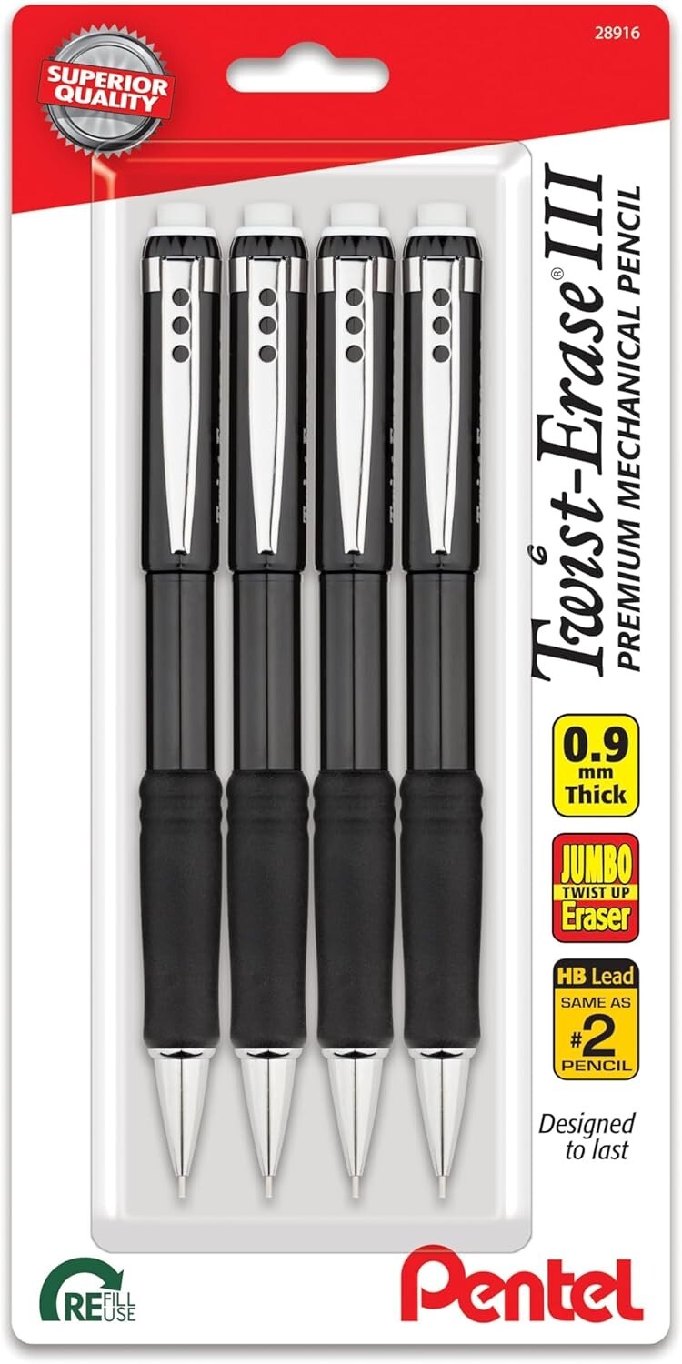 Pentel Twist-Erase III Mechanical Pencil, (0.9mm), Black Barrel, Pack of 4