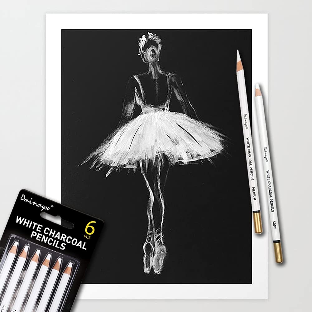 dainayw 6 Pcs White Charcoal Pencils Drawing Set, 1 Count (Pack of 6),