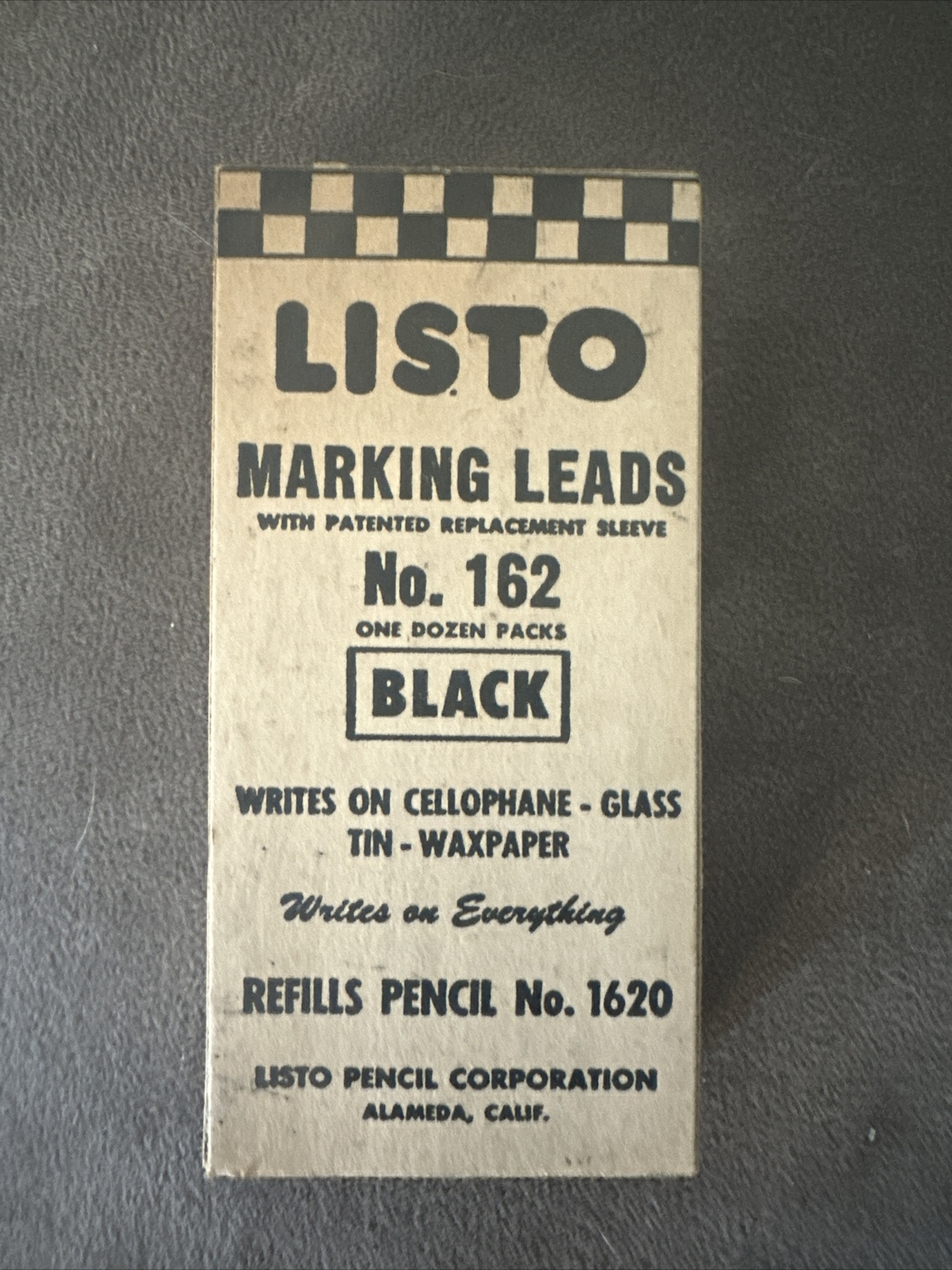 Vintage LISTO Pencil Corp. Black No. 162 Marking Lead for No. 1620 In Box