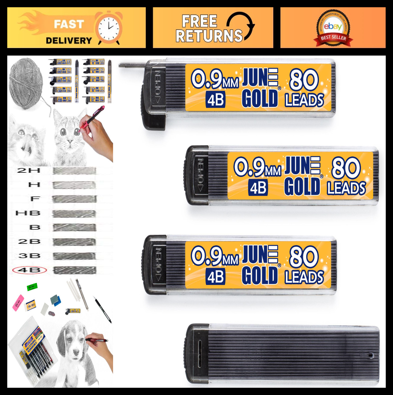 320 Pieces 0.9mm 4B Lead Refills – Bold, Break Resistant Graphite, 4 Dispensers