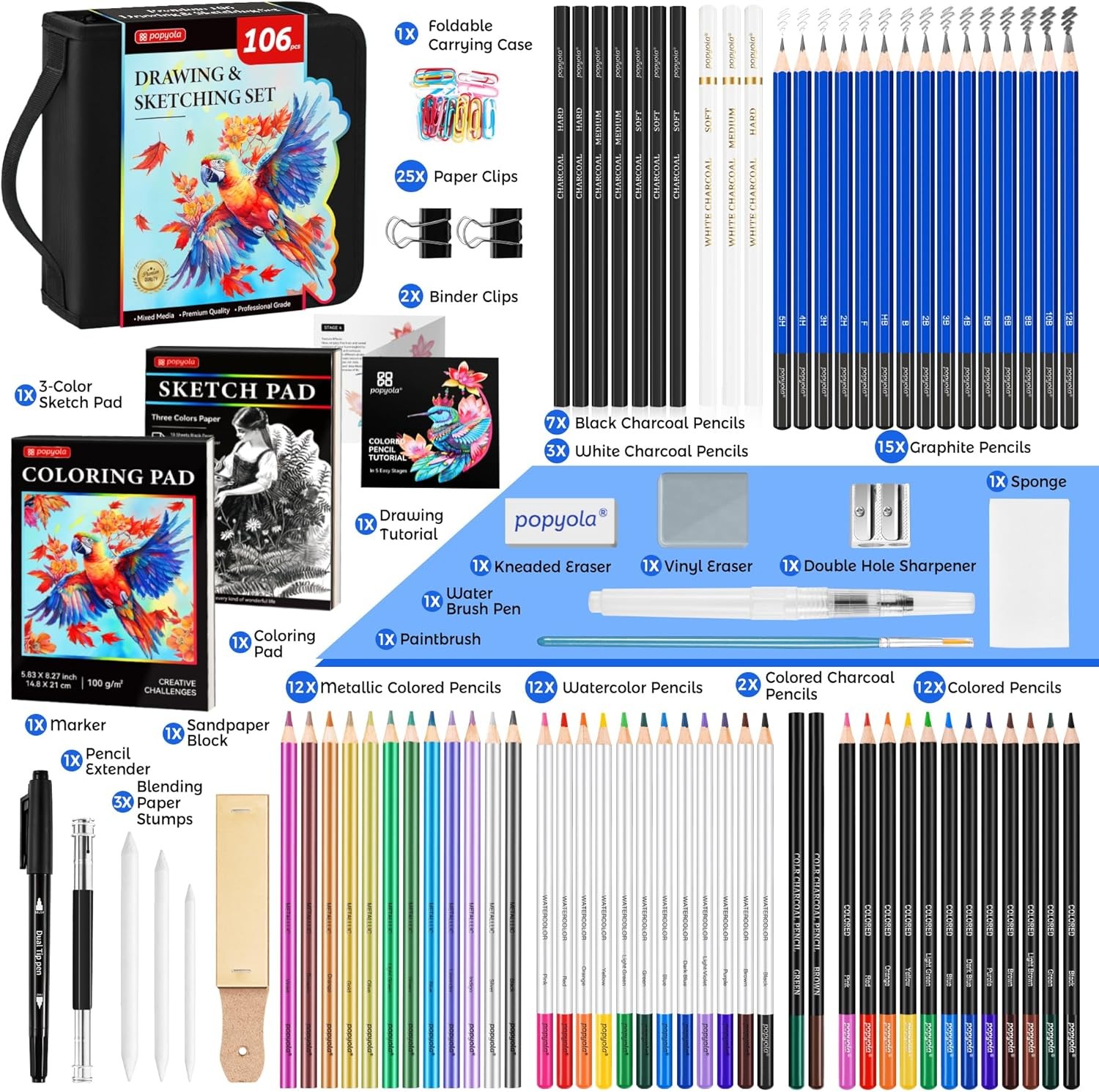 106 Pack Drawing Set Sketching Kit, Pro Art Supplies with 106 Pack, Black