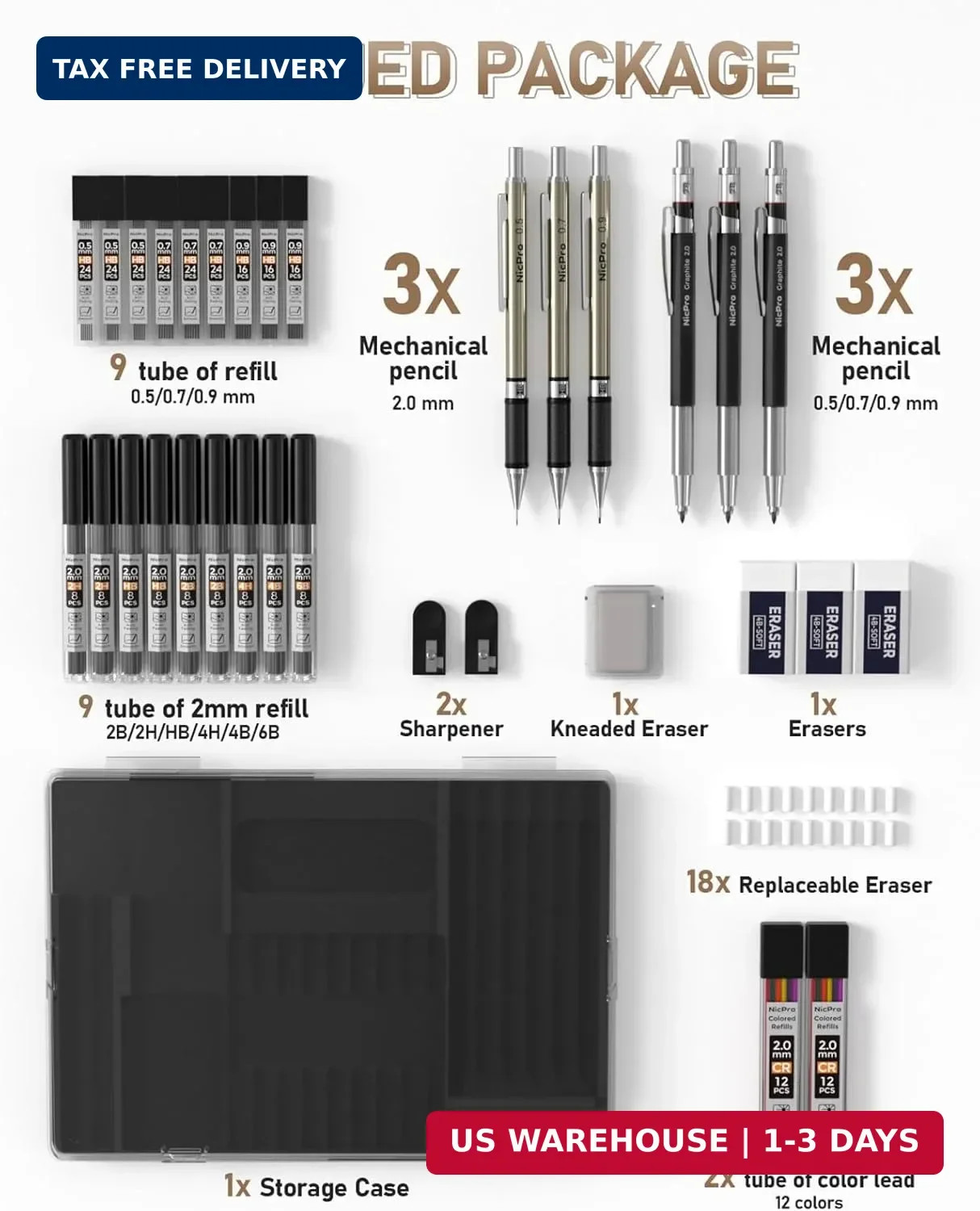 Nicpro 35PCS Art Mechanical Pencil Set, 3 PCS Metal Drafting Pencil 0.5 mm & 0.7