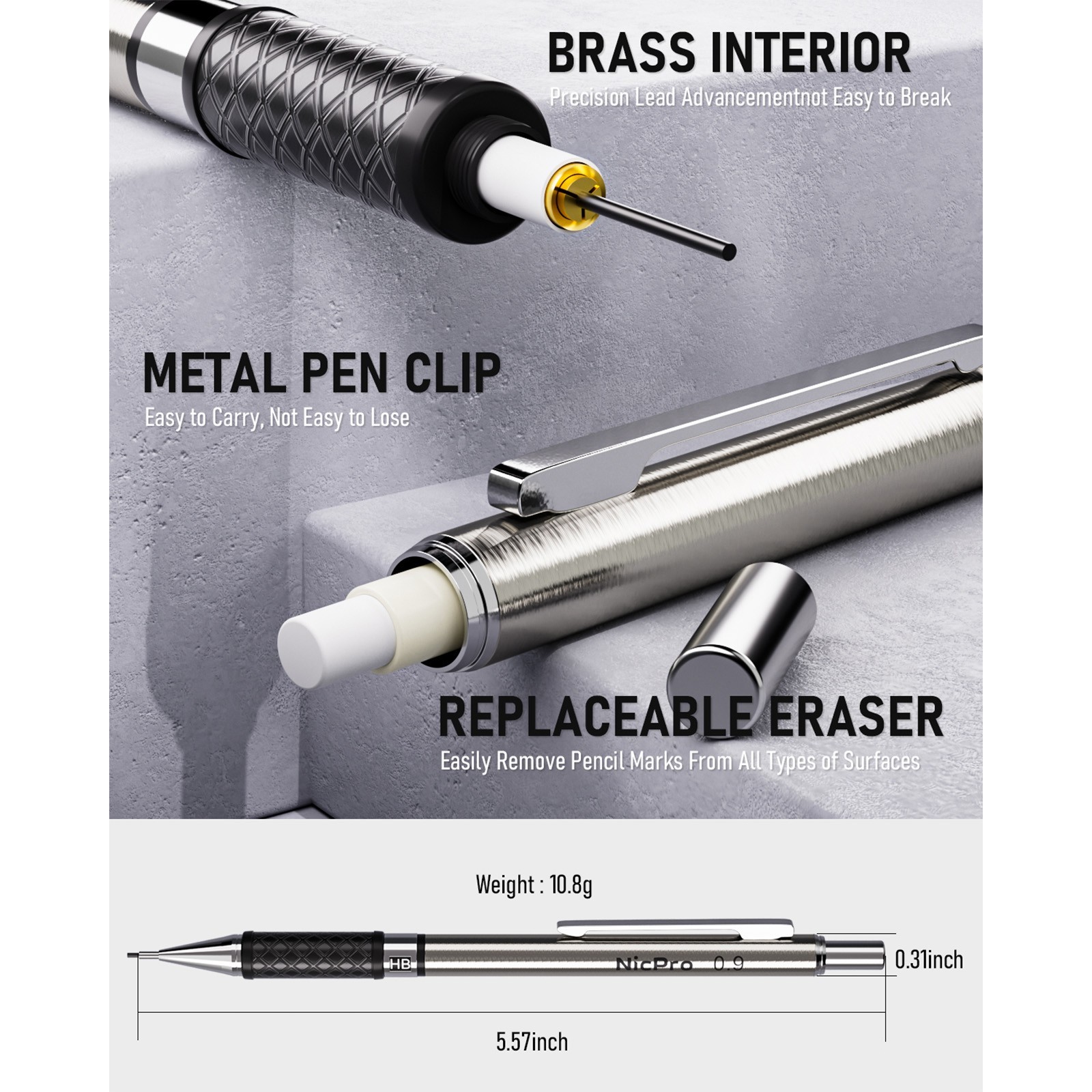 Nicpro 0.9mm 3Pcs Metal Pencils Set + Case, 6 HB Refills, 12 Erasers
