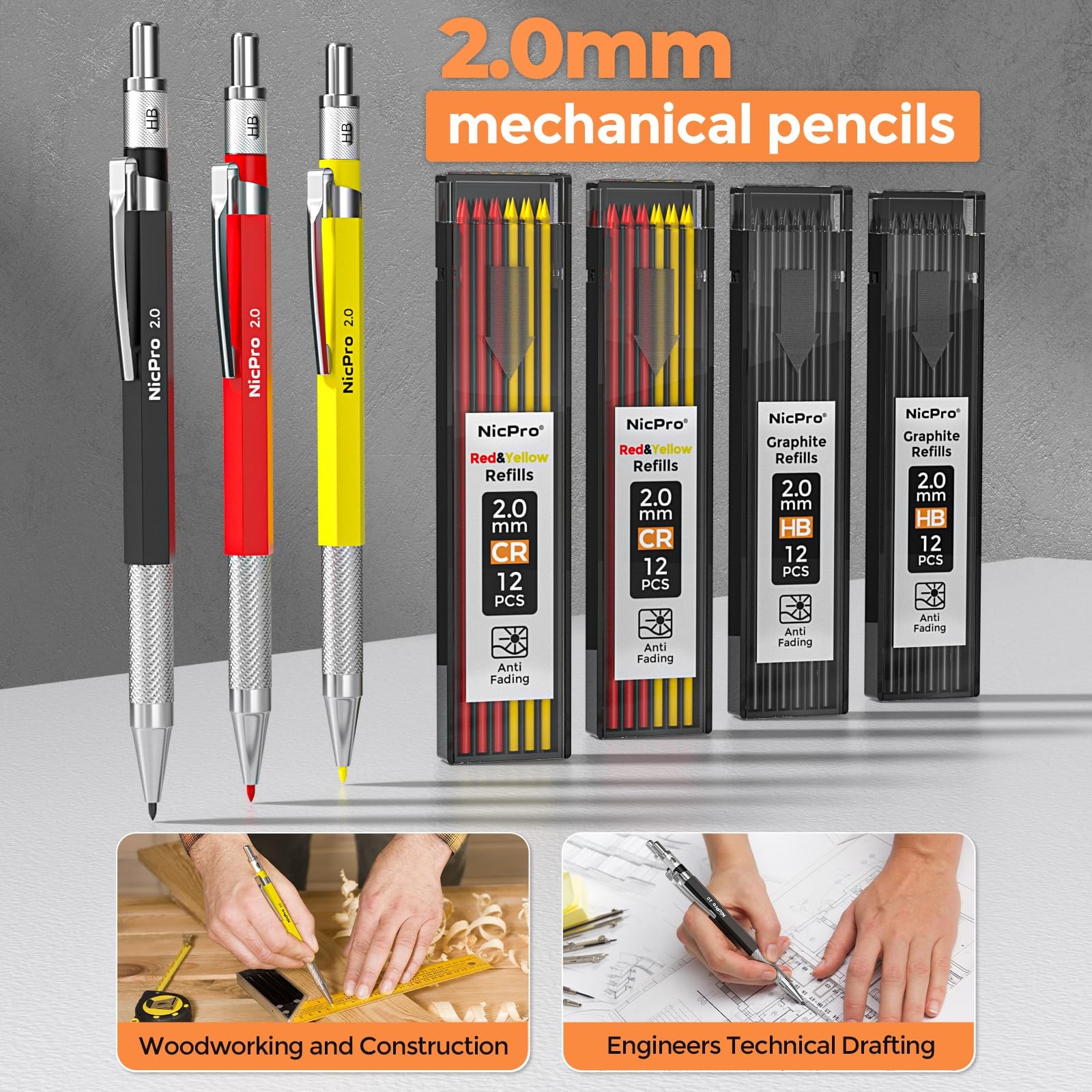 Nicpro 38 Pack Carpenter Pencils with Sharpener, 38 Pack, Black,red,yellow