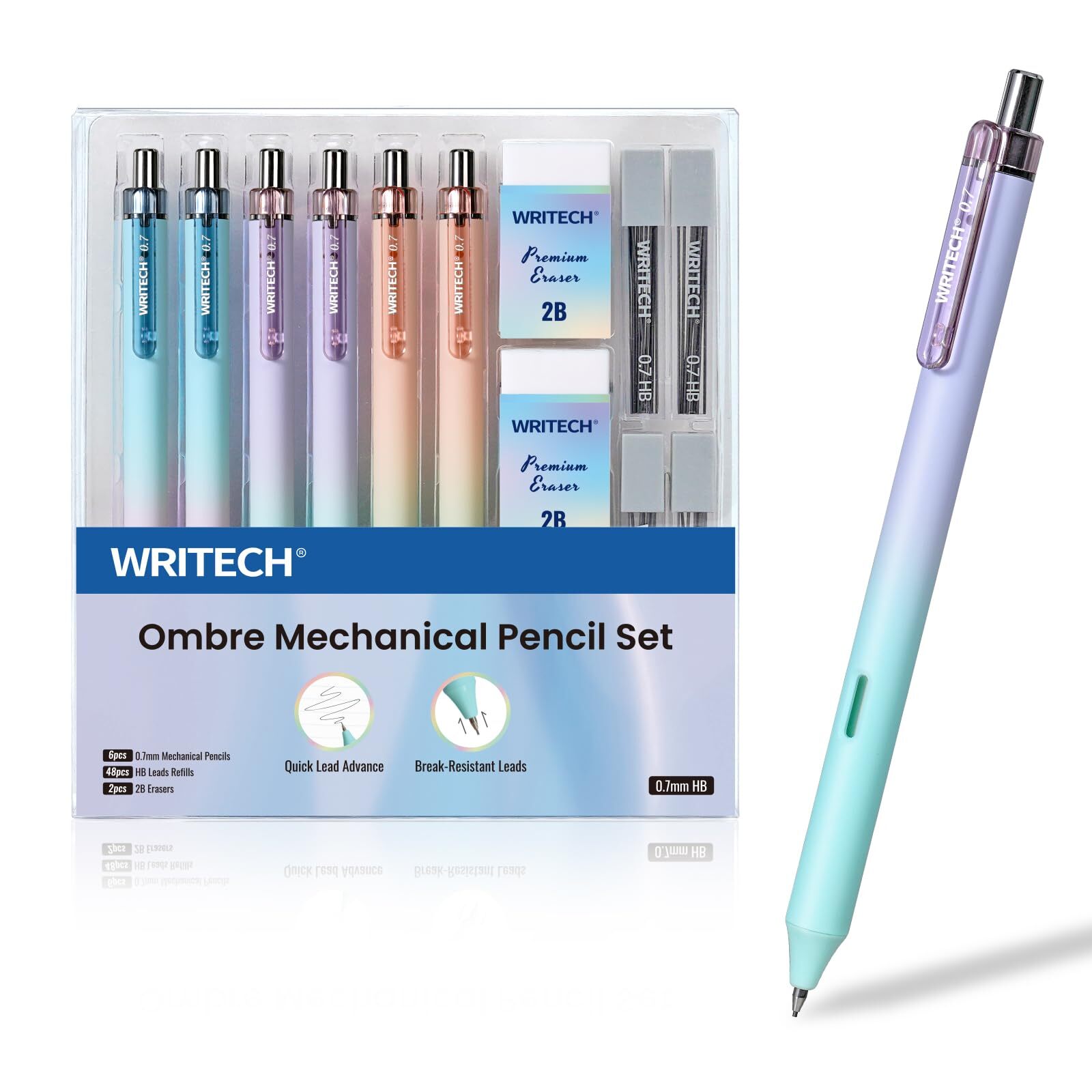 Up Mechanical Pencil Set 0.7mm 6 Gradient Barrels HB Lead Refills Erasers