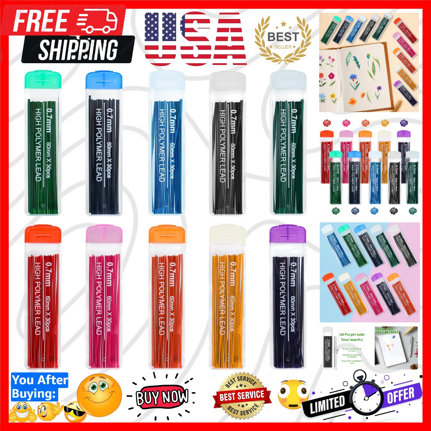 10-Color Erasable Mechanical Pencil Leads – 300 Pieces of Artistic Precision