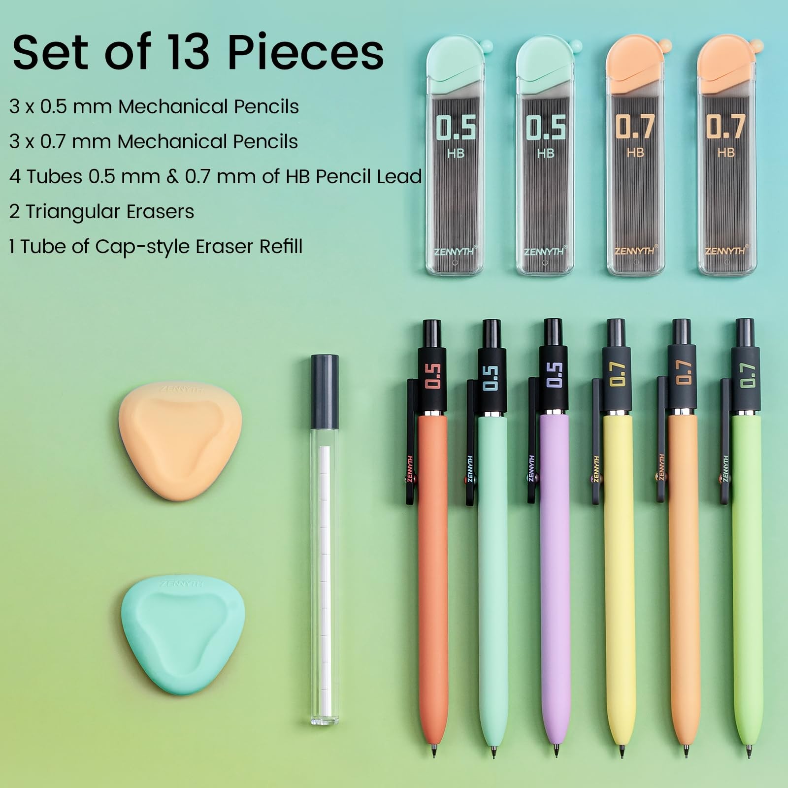 6 PCS Pastel Soft Grip Mechanical Pencil Set Case HB Lead Eraser 0.5/0.7mm