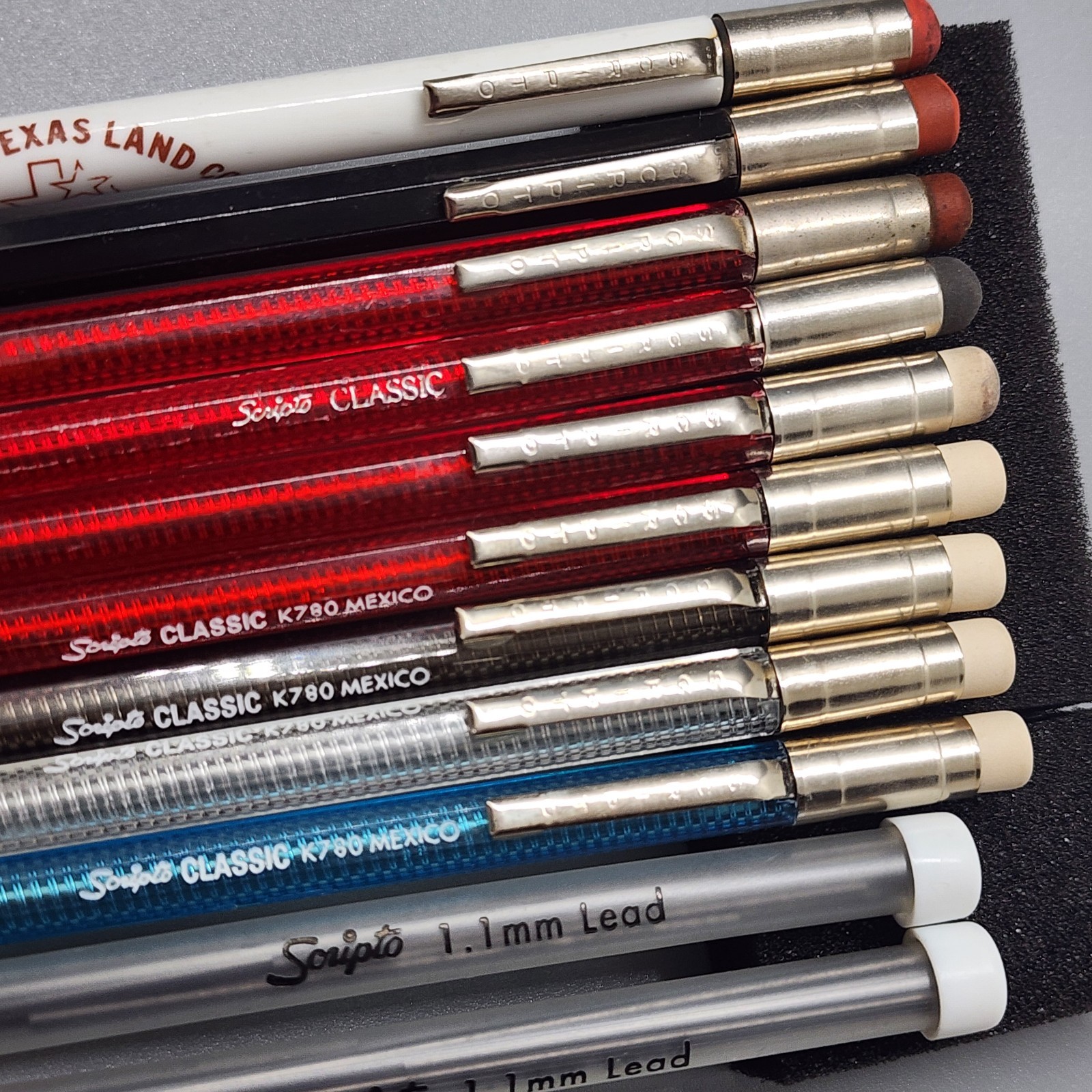 9 Vintage SCRIPTO Classic Mechanical Pencils Translucent Red Blue Smoke + Lead