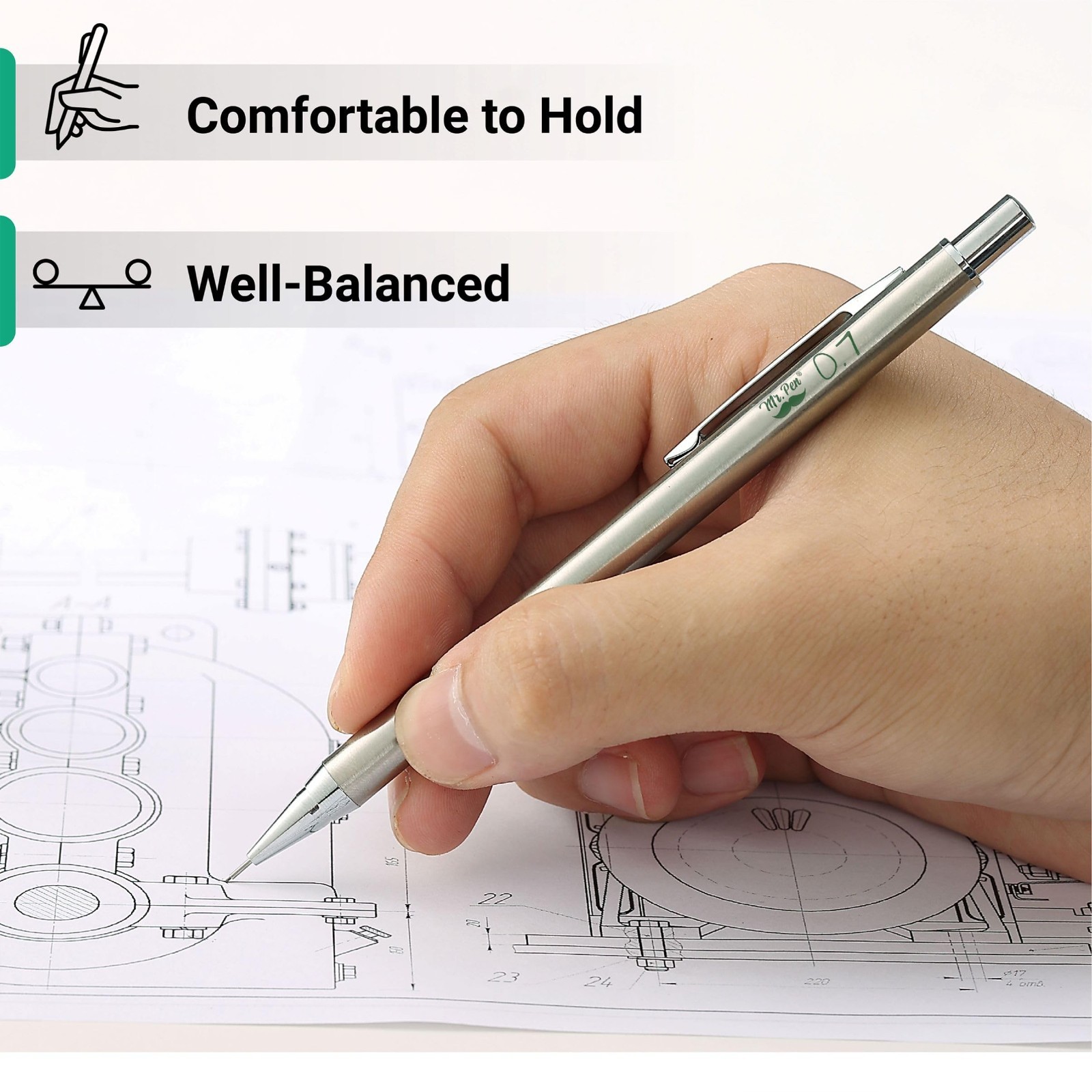 Mr Pen Mechanical Pencil Set 0.7mm 2 Pack HB Lead Refills Erasers Drawing