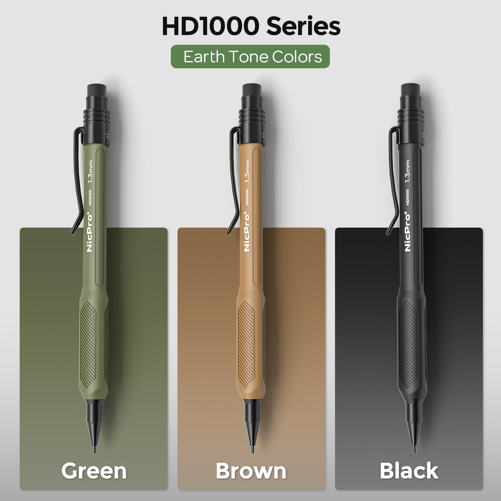 Nicpro 3 PCS 1.3 mm Mechanical Pencils Set 3 Colors 3 Pack, Black,Green,Brown
